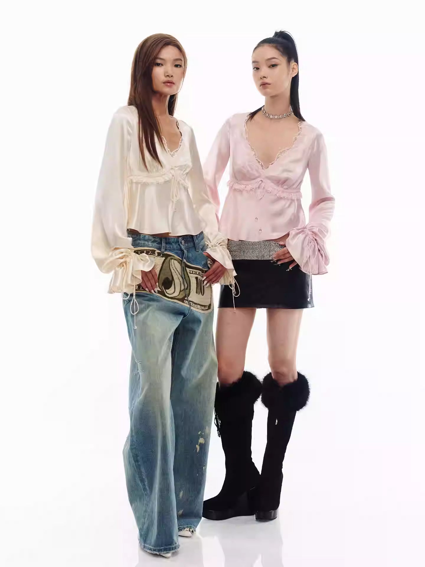 JELLOJELLO Acetate lace patchwork drawstring cuff top