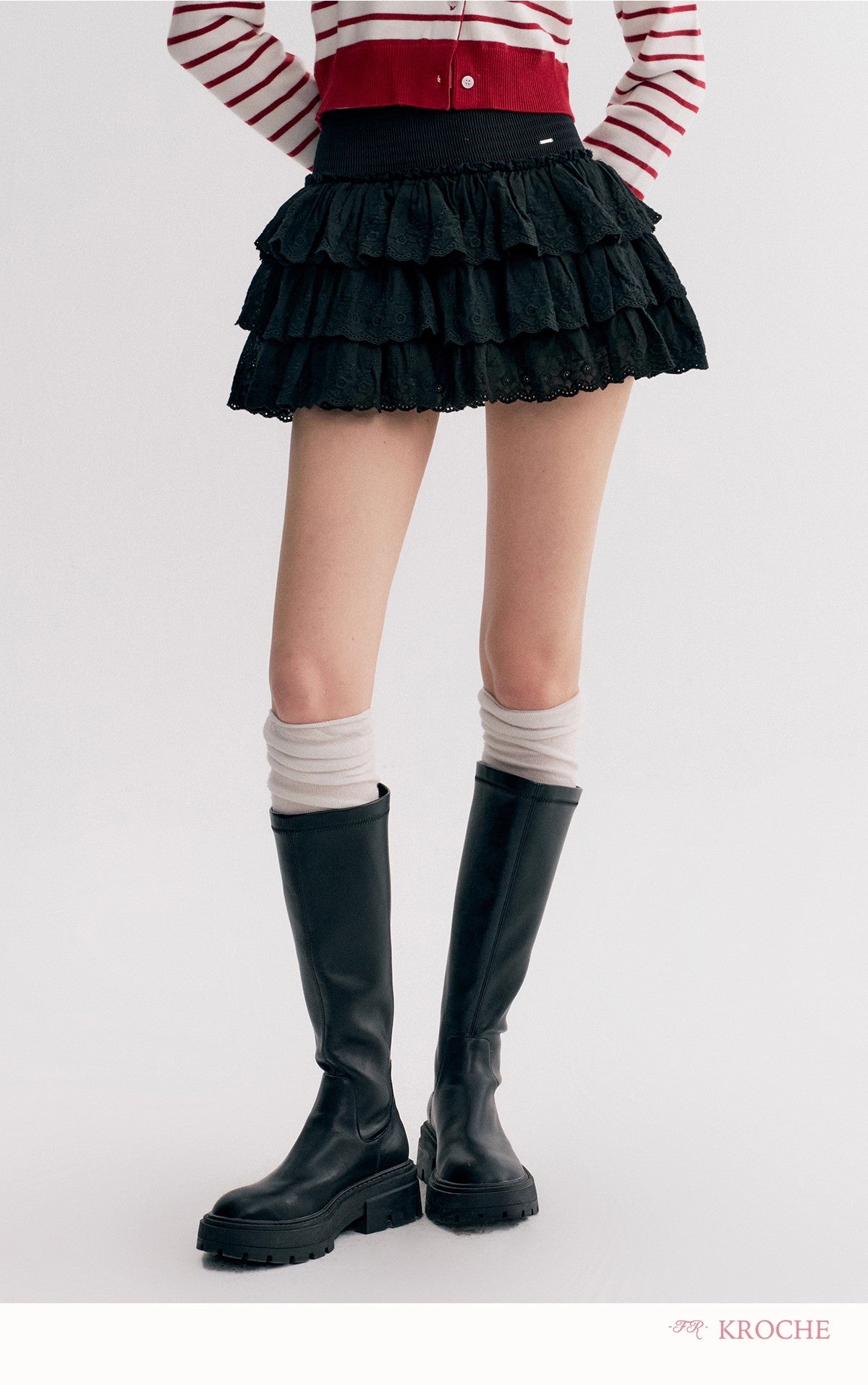 Kroche Lace-trimmed tiered ruffle mini skirt(2 color)