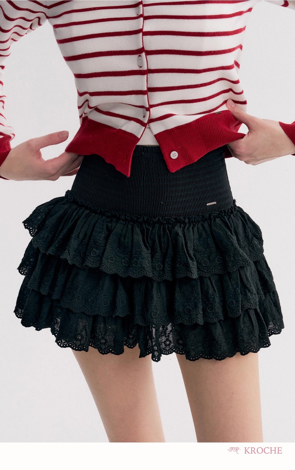 Kroche Lace-trimmed tiered ruffle mini skirt(2 color)