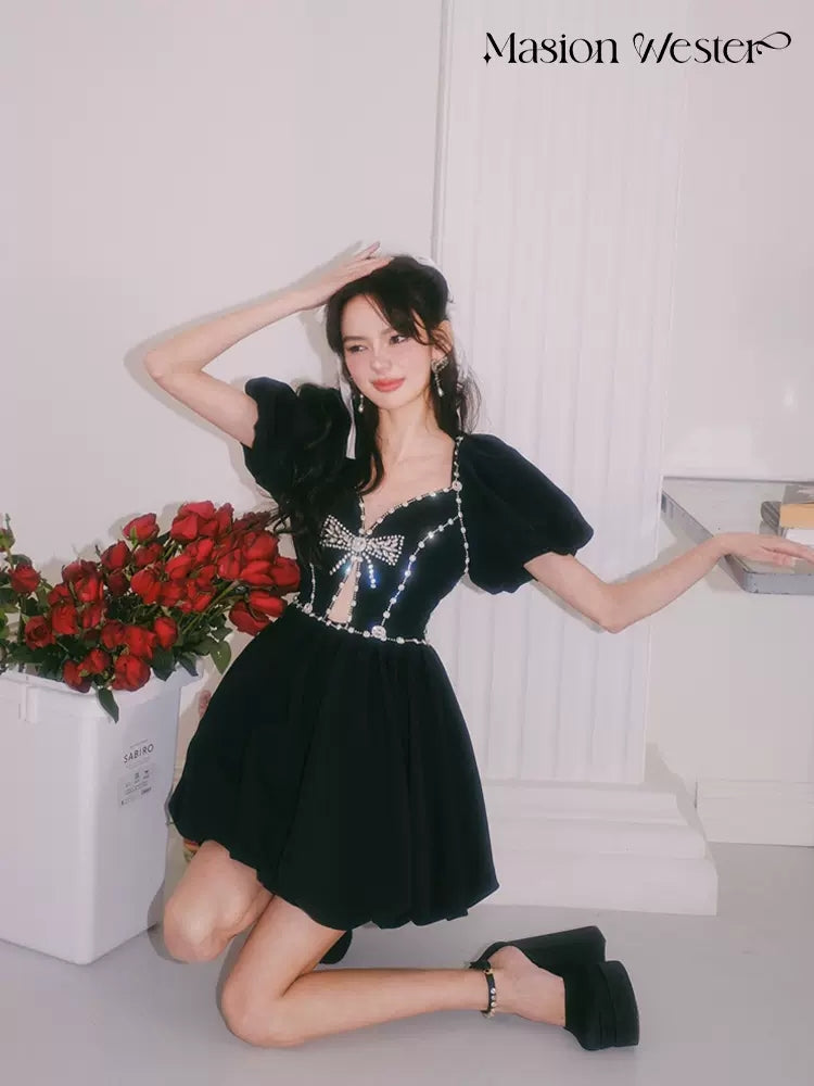 Masion Wester Black Diamond Chain Bow Pleated Puffy Dress