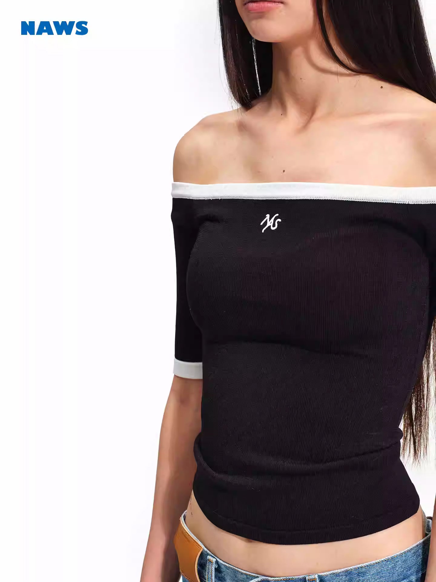 NAWS One shoulder off shoulder elastic mid sleeve knitted top