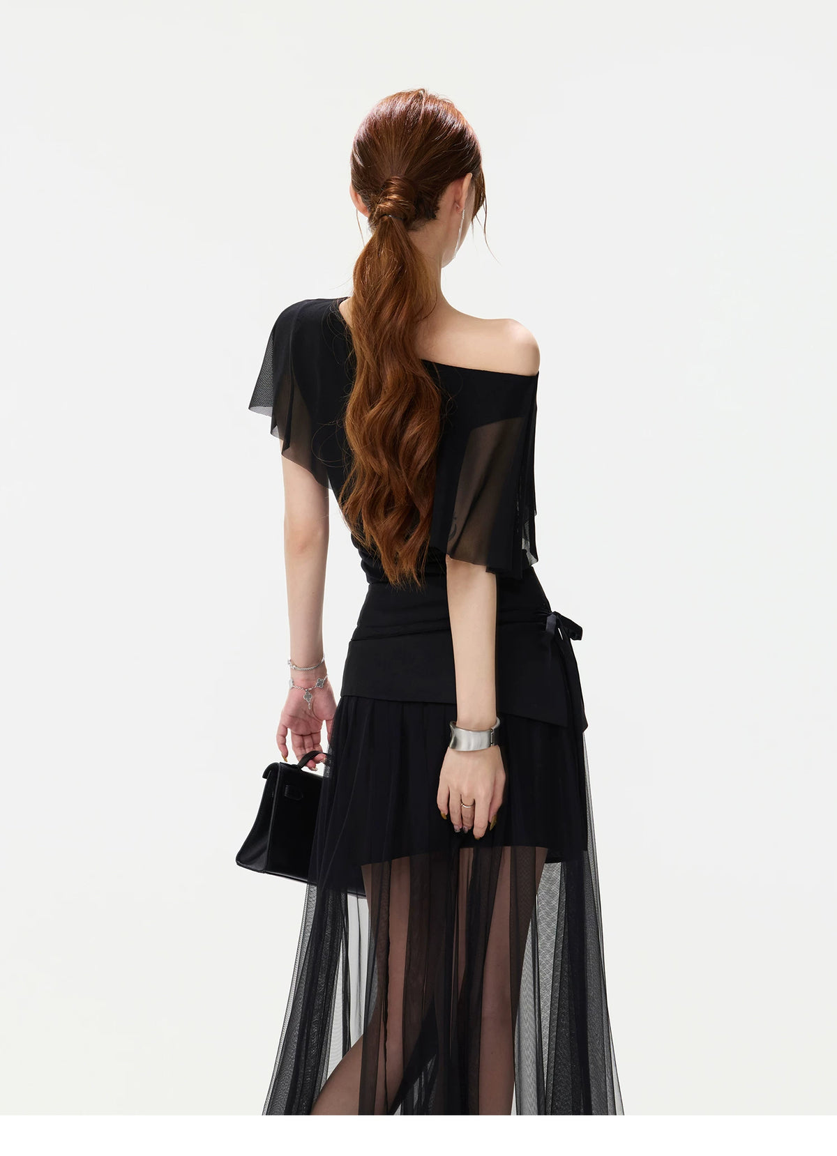 CYNR Asymmetric Shoulder Top & Mesh Skirt Set