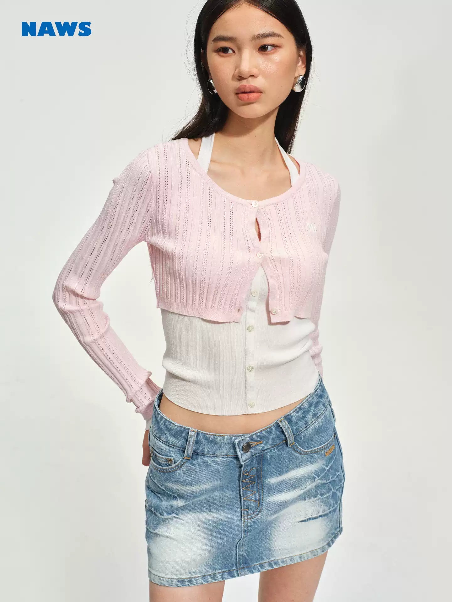 NAWS Linen fake two-piece spliced neck knitted cardigan
