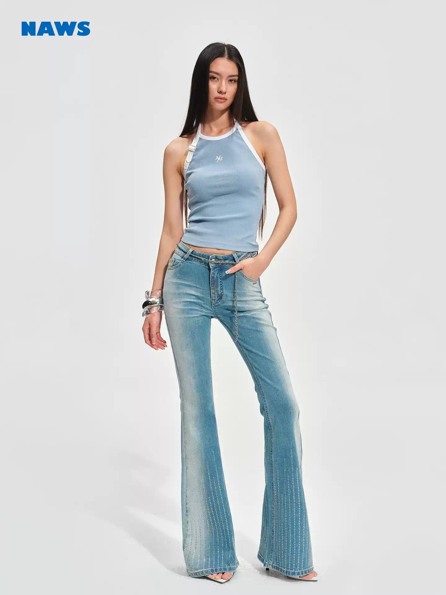 NAWS Washed denim meteor hot stamping pants
