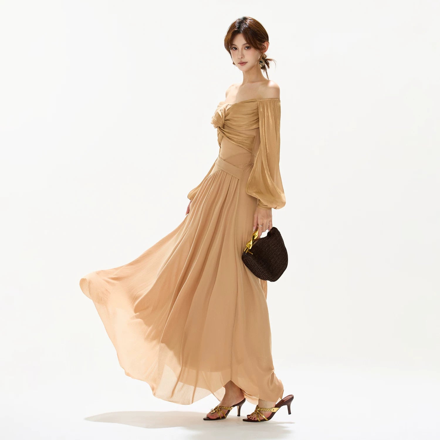 CYNR Lantern sleeve twisted butterfly off shoulder dress