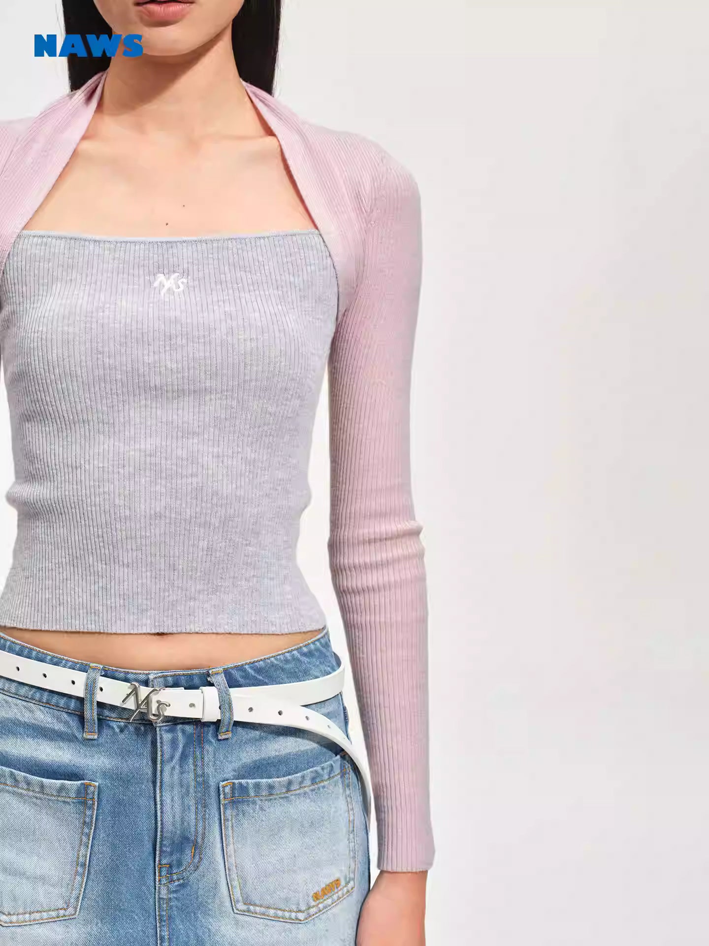 NAWS Fake two contrasting splicing slim knit top