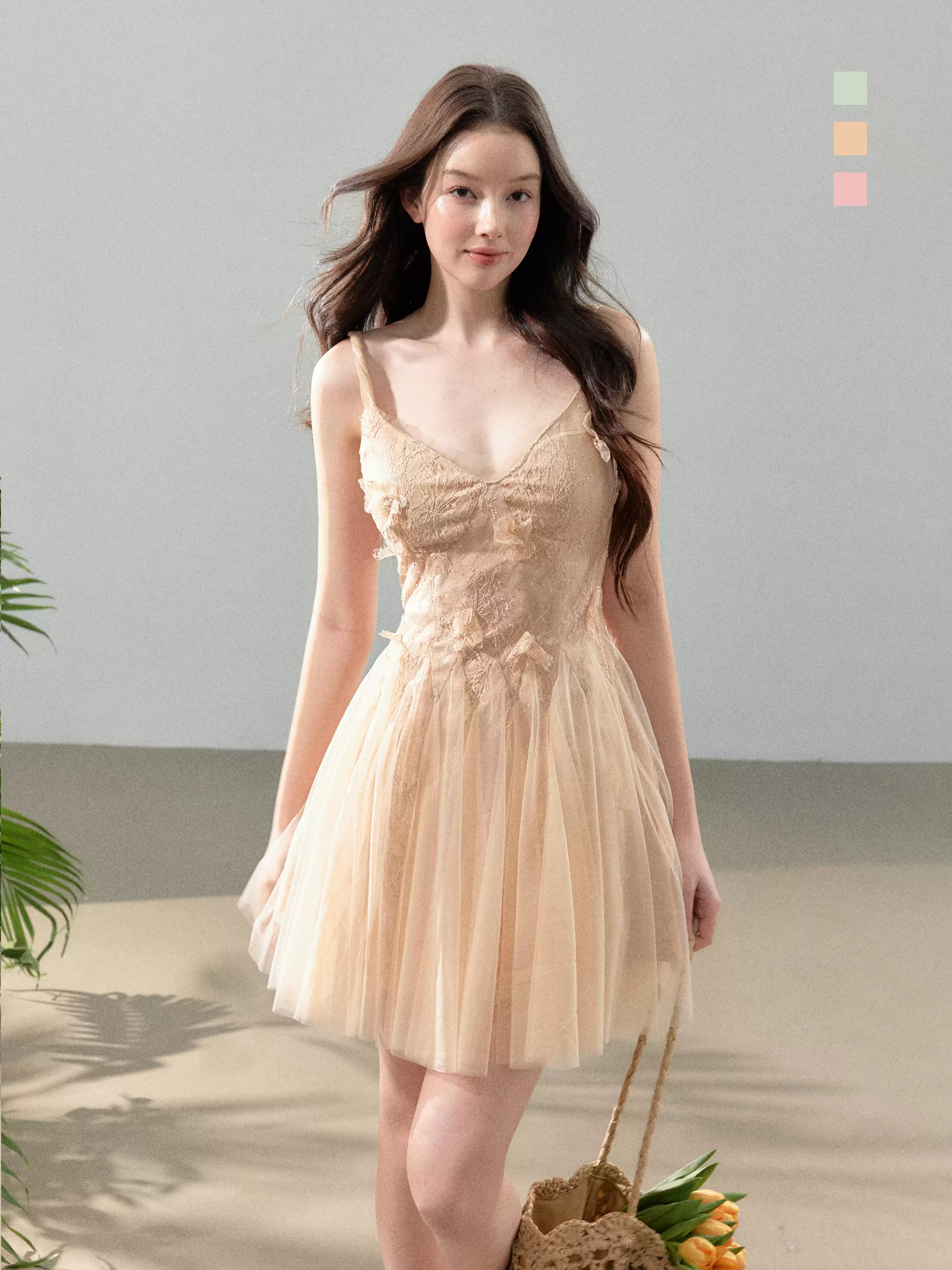 YZZI HE Flower lace patchwork camisole puffy mini dress