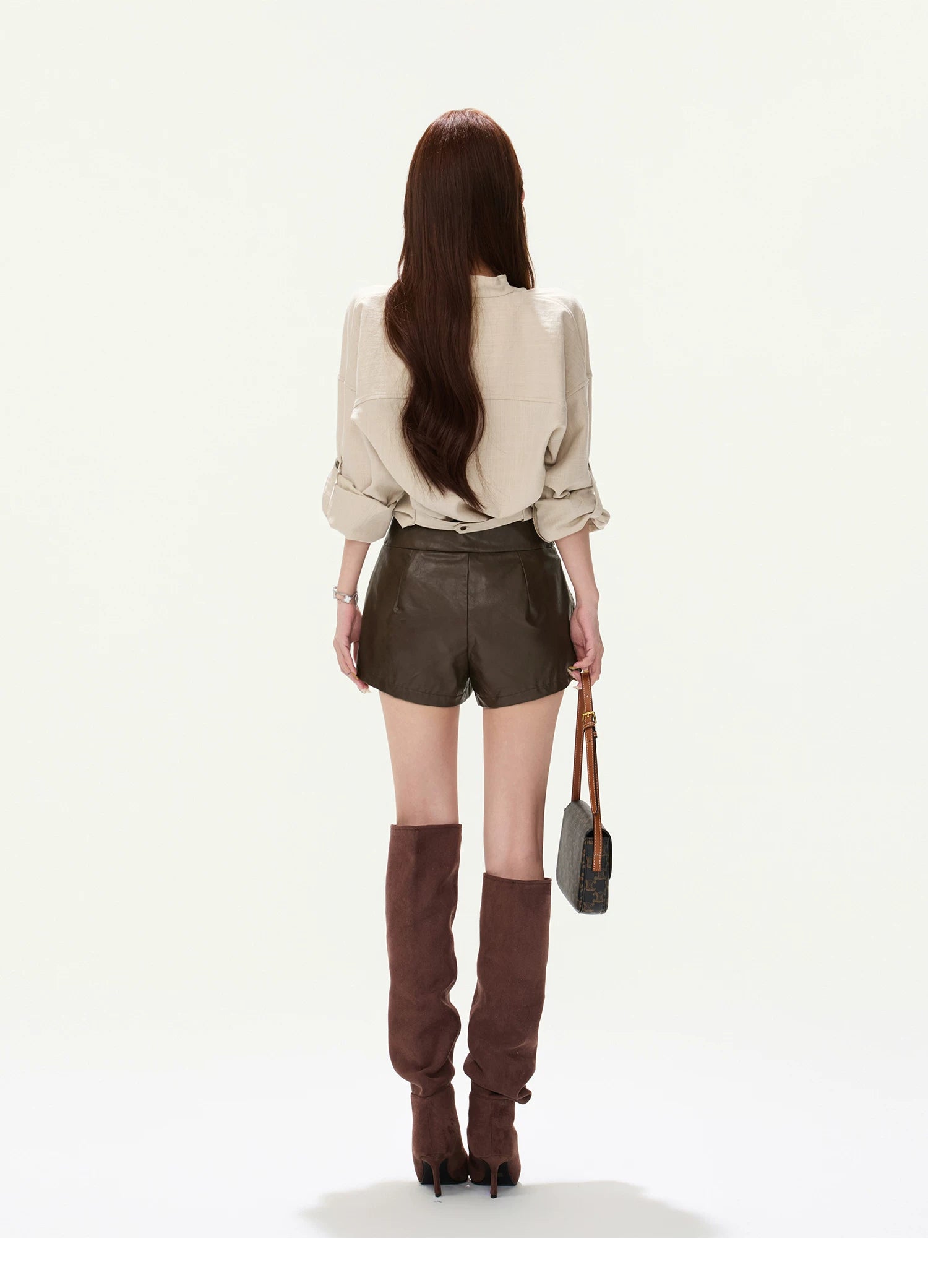 CYNR Cowl Neck Drop-Sleeve Shirt & Leather Shorts