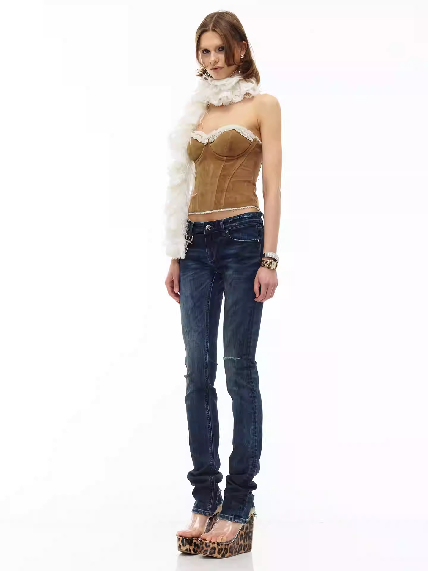 JELLOJELLO Suede patchwork lace diamond chain fishbone strapless top