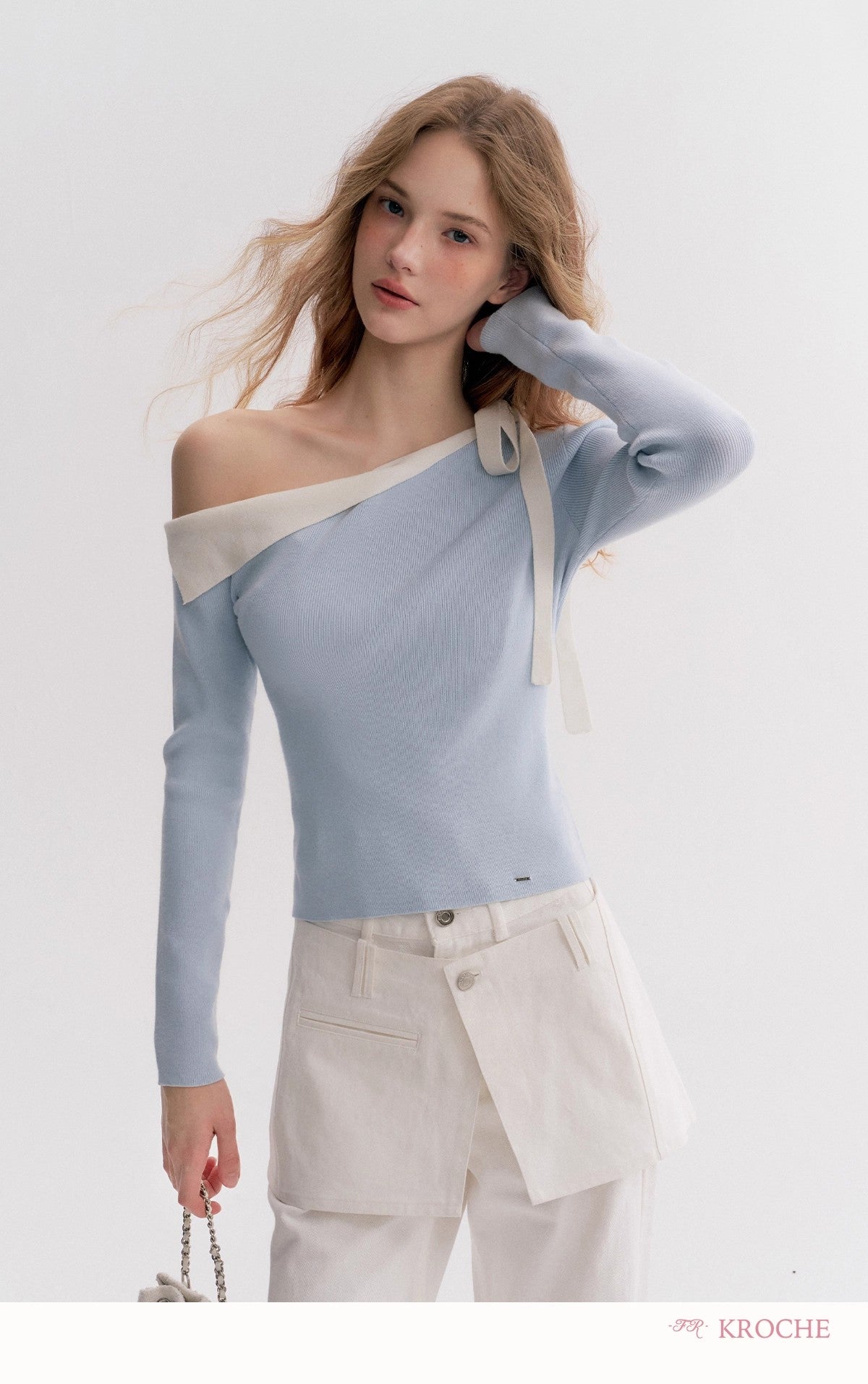 Kroche Off-Shoulder Slim-Fit Long-Sleeve Knit Top(2 color)