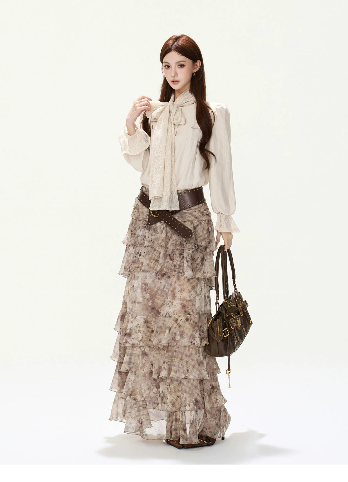 CYNR Lace Tie-Detail Blouse & Chiffon Midi Skirt