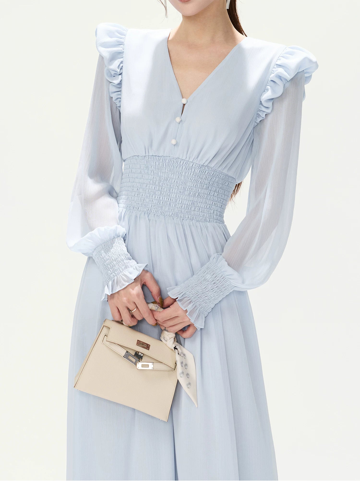 CYNR V-Neck Chiffon Dress with Lantern Sleeves