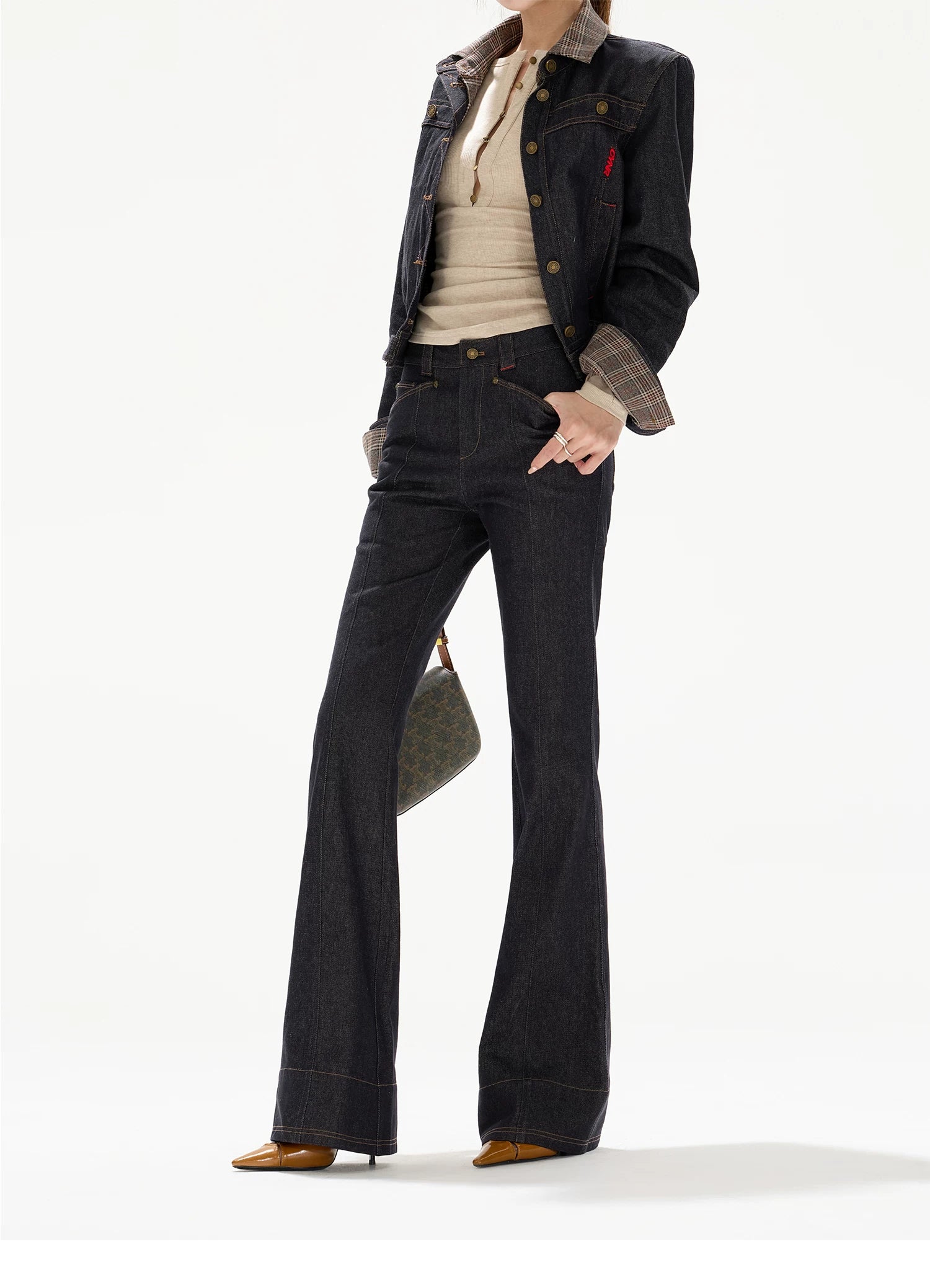 CYNR Patchwork Retro Plaid Color-Block Denim Jeans
