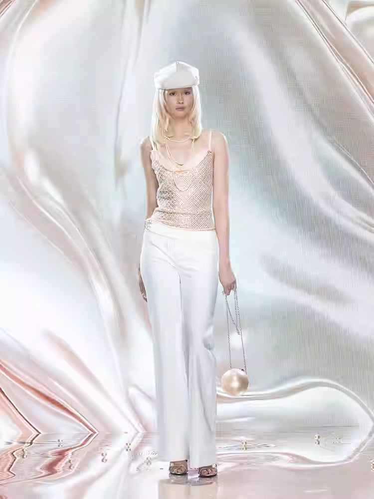 JELLOJELLO Full pearl embroidered chiffon collar camisole top