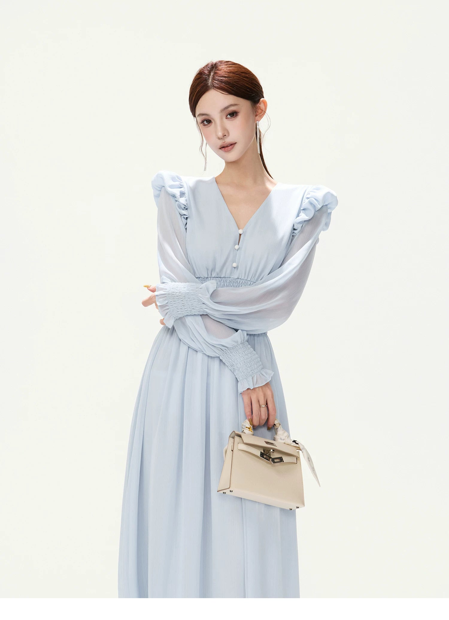 CYNR V-Neck Chiffon Dress with Lantern Sleeves