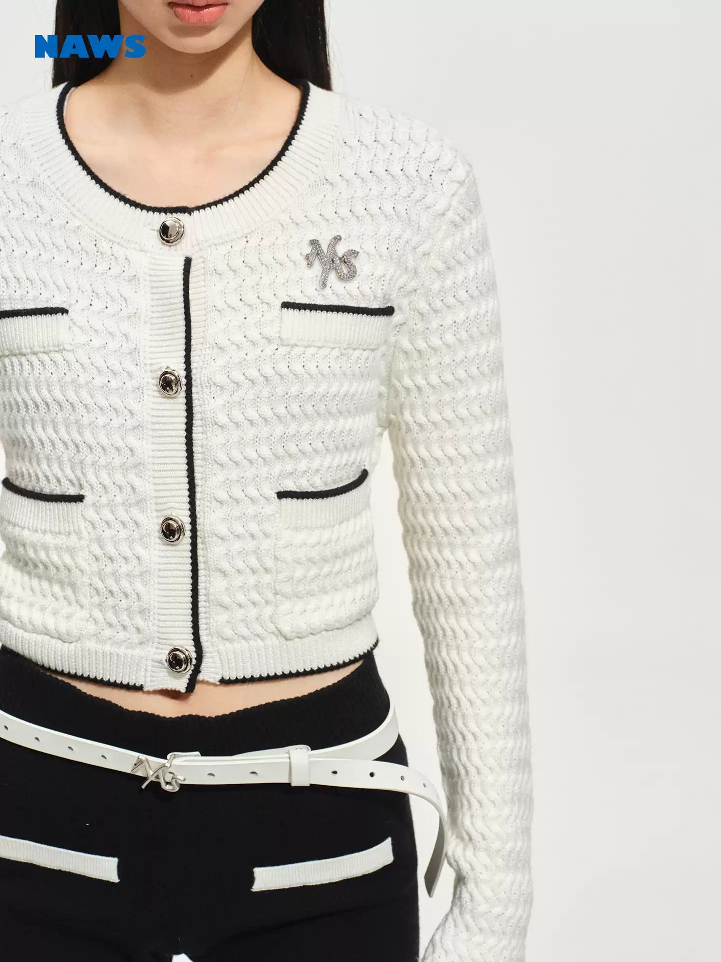 NAWS Wool twisted floral silhouette short knitted cardigan