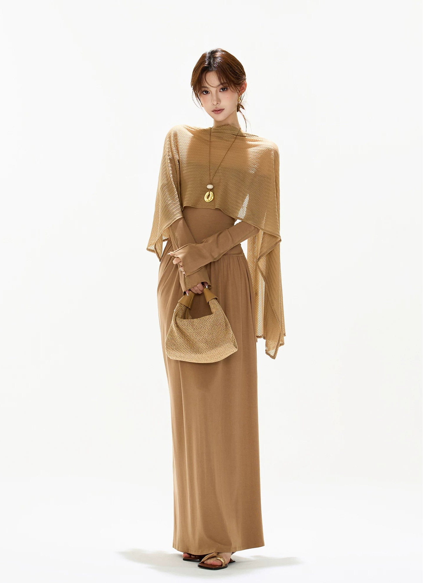 CYNR Hollow knit shawl one shoulder dress