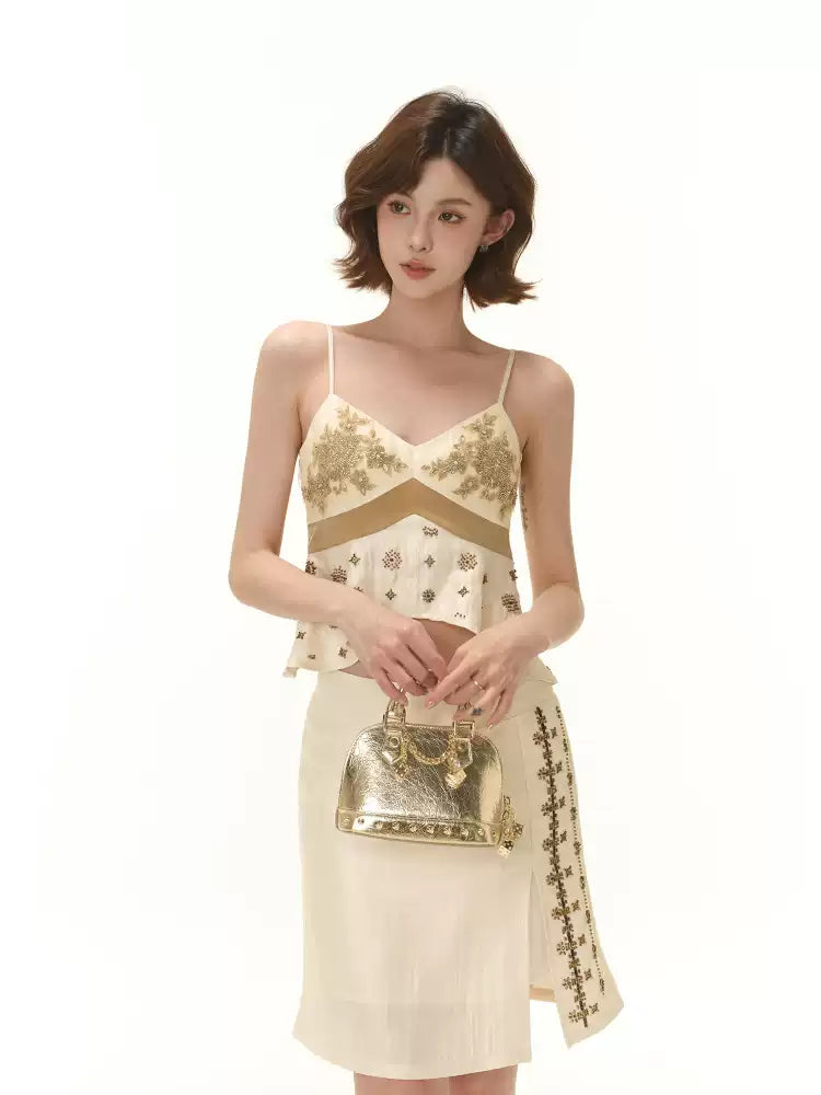 CYNR Embroidered bead contrasting suspender top