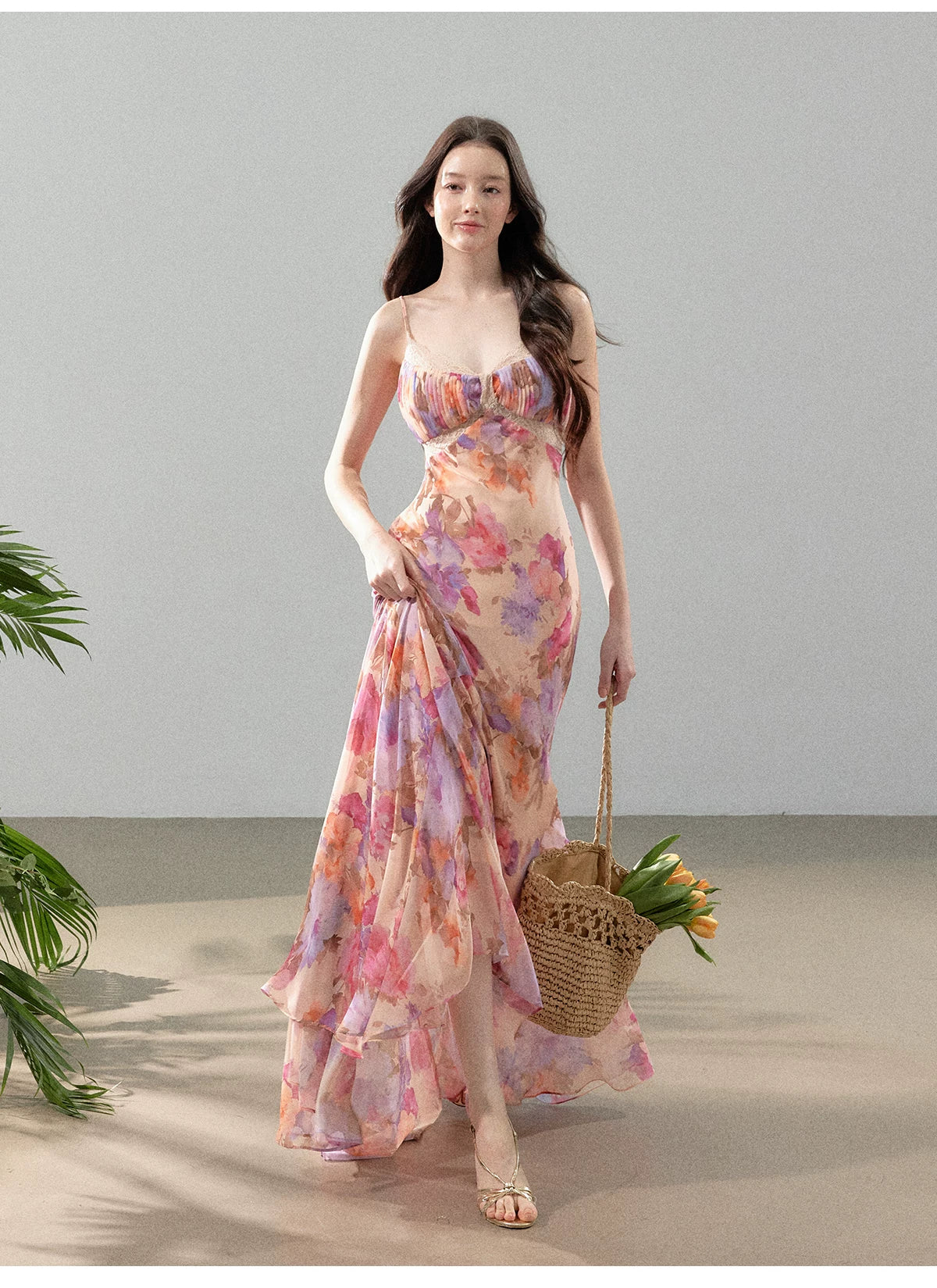 YZZI HE French printed chiffon suspender fishtail dress