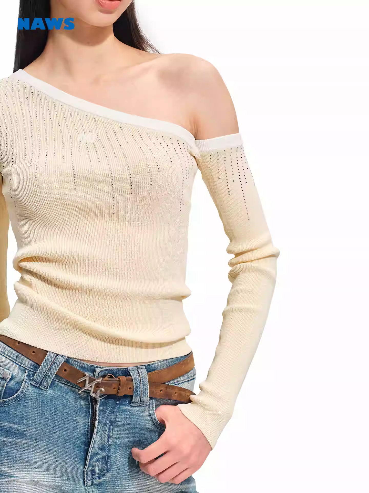 NAWS Off shoulder slim fit long sleeved knitted top