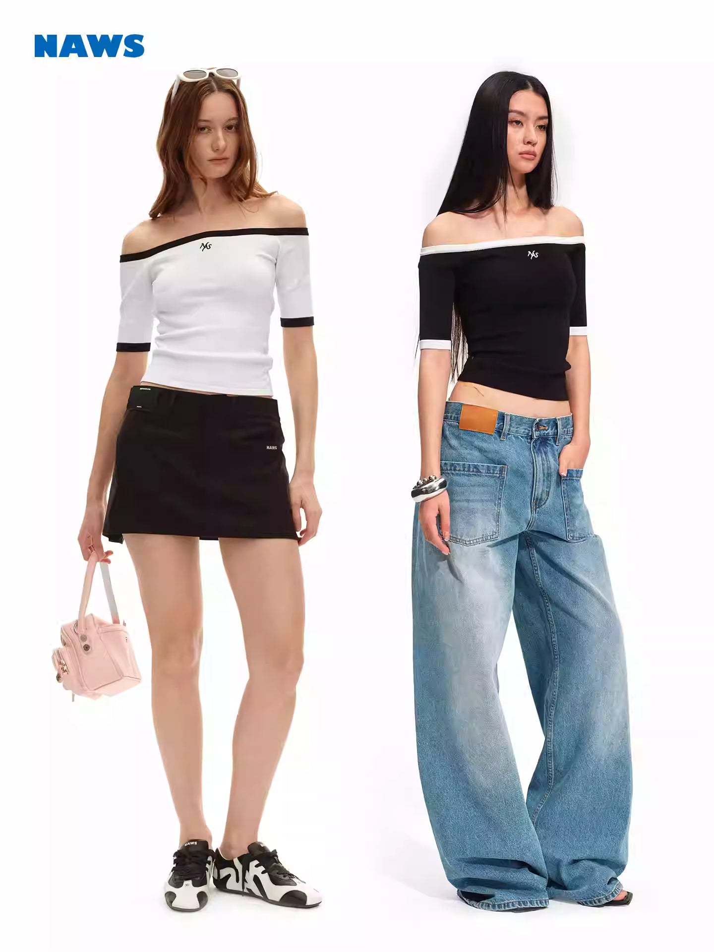 NAWS One shoulder off shoulder elastic mid sleeve knitted top