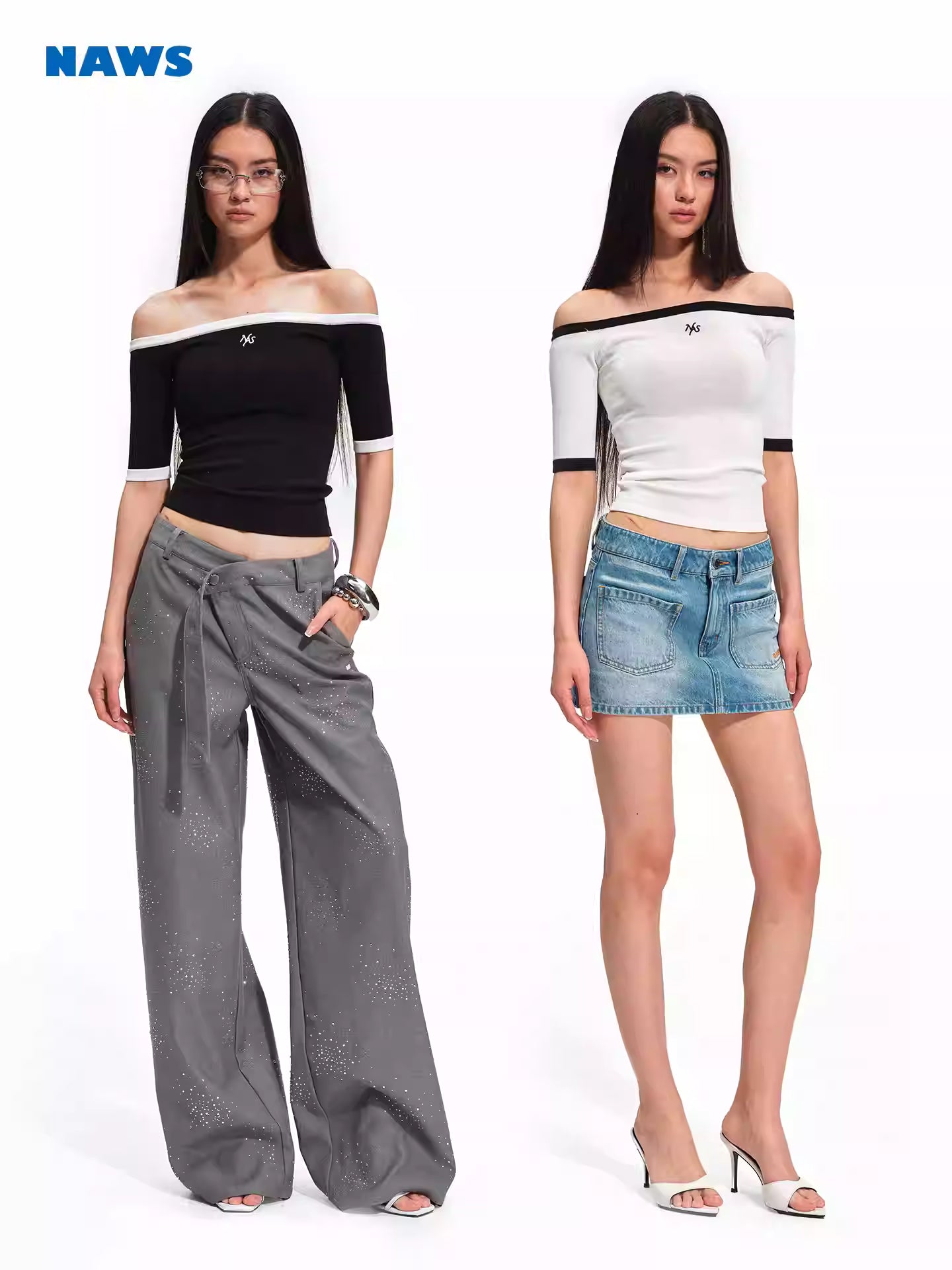 NAWS One shoulder off shoulder elastic mid sleeve knitted top