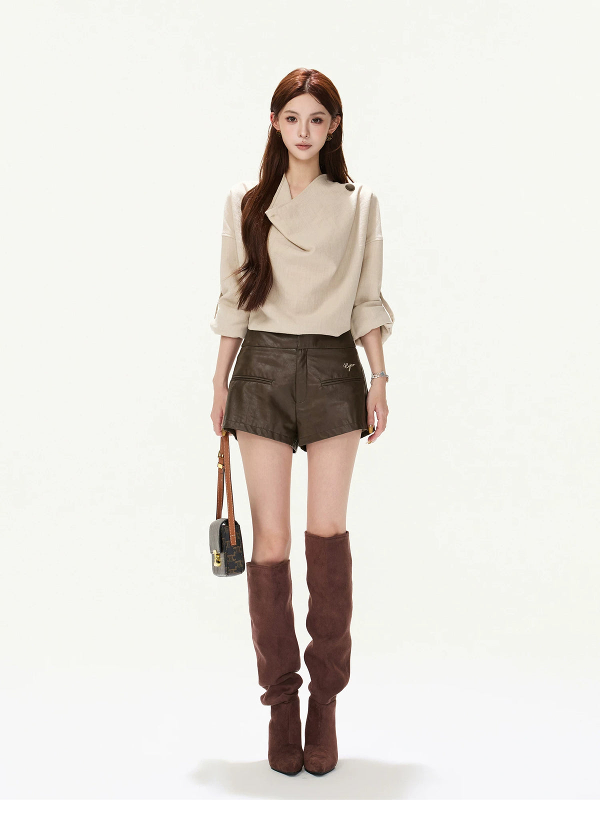 CYNR Cowl Neck Drop-Sleeve Shirt & Leather Shorts