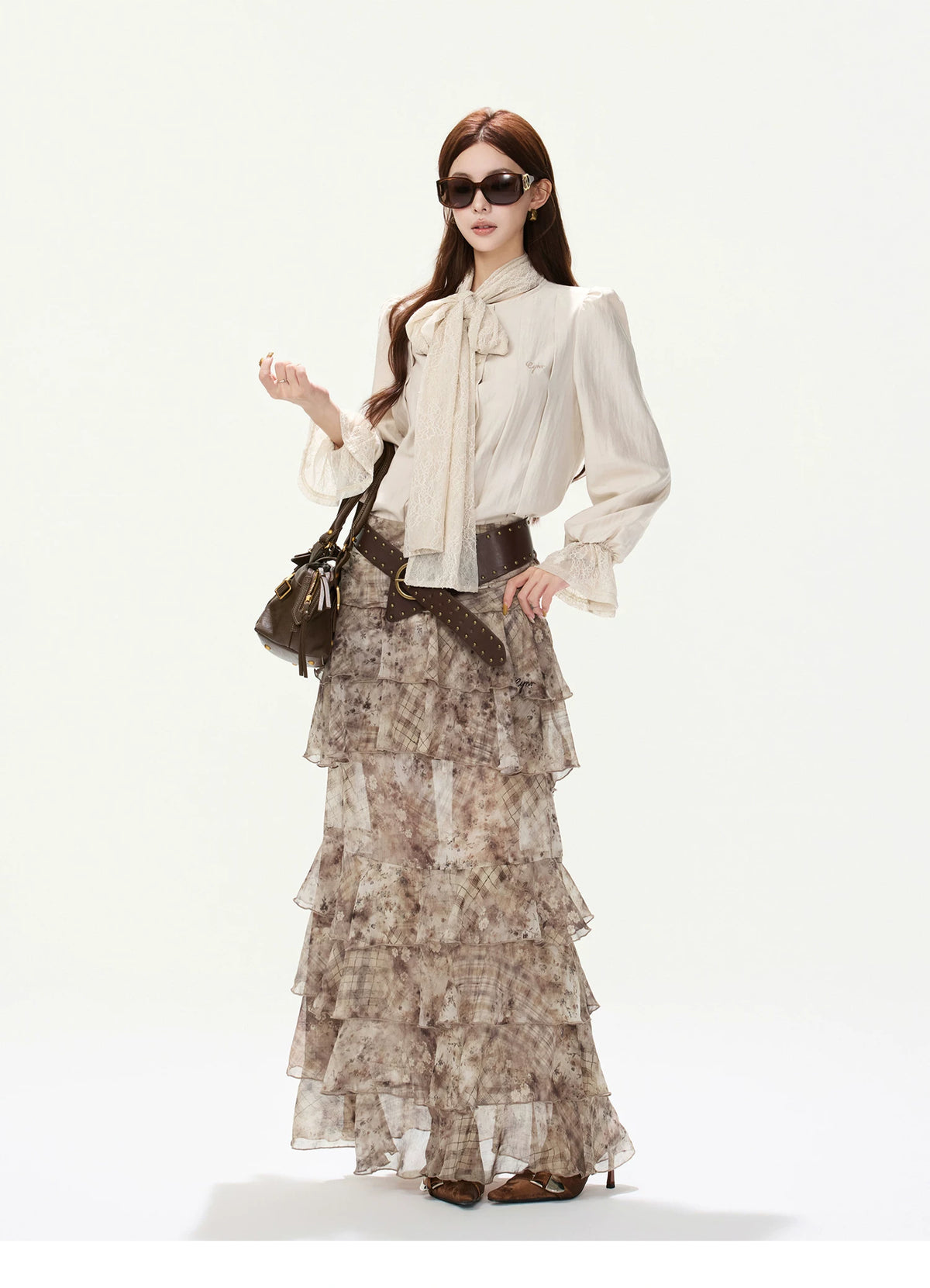 CYNR Lace Tie-Detail Blouse & Chiffon Midi Skirt
