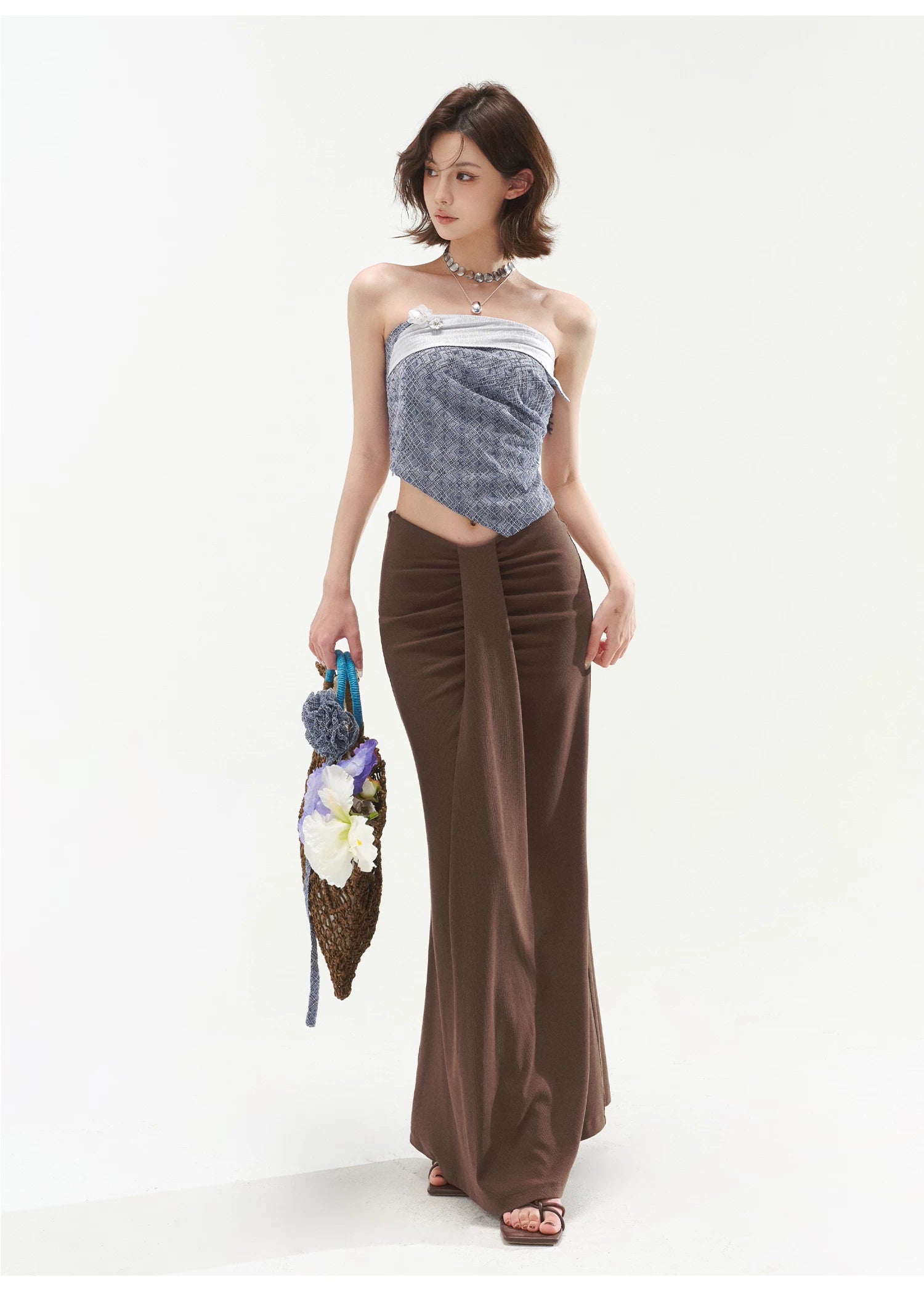 CYNR V-shaped low waist pleated long skirt