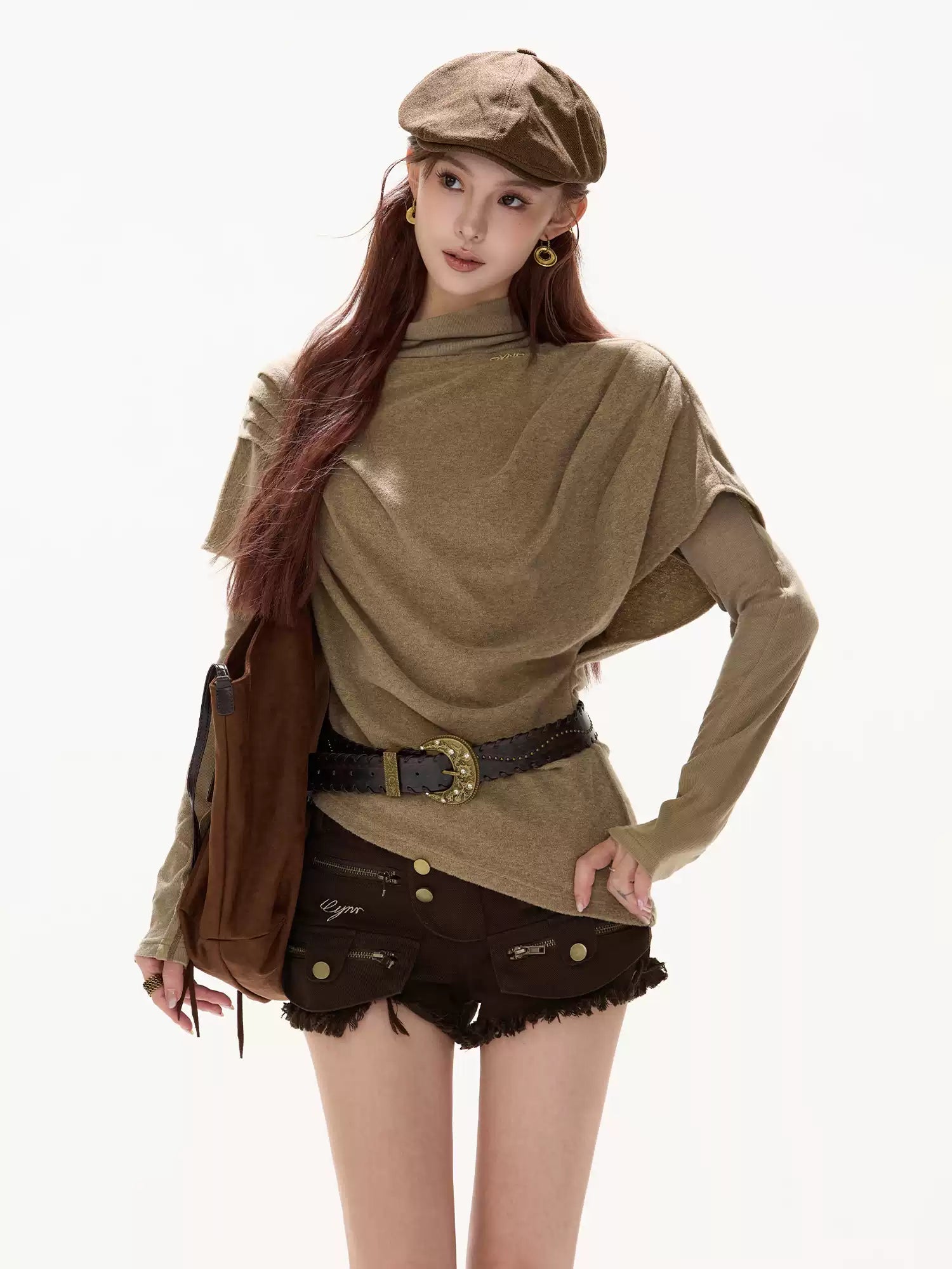CYNR Loose pleated collar bat sleeves irregular wool sweater