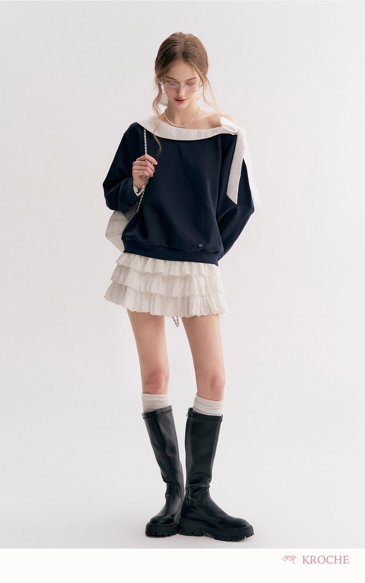 Kroche Lace-trimmed tiered ruffle mini skirt(2 color)