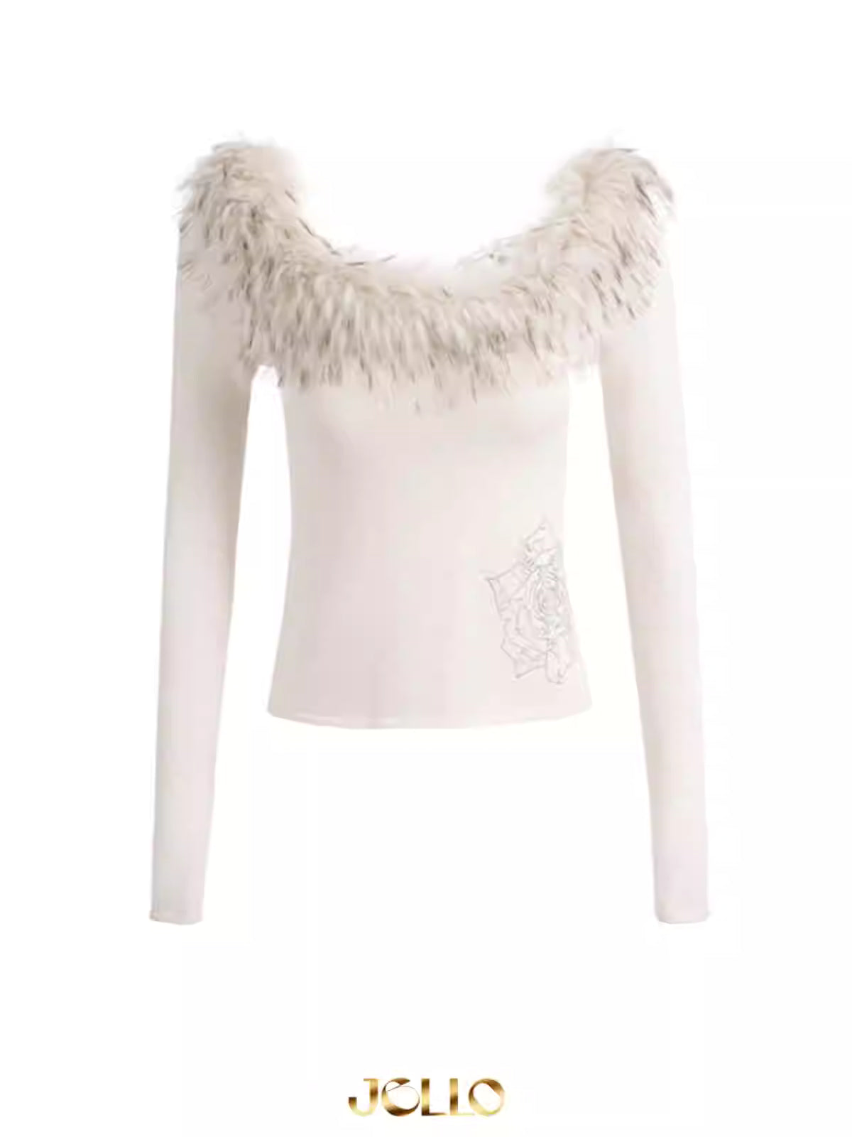 JELLOJELLO Rose rhinestone animal pattern fur acetate silk knitted off shoulder top