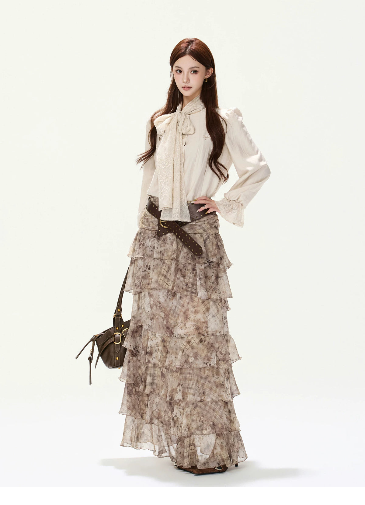 CYNR Lace Tie-Detail Blouse & Chiffon Midi Skirt