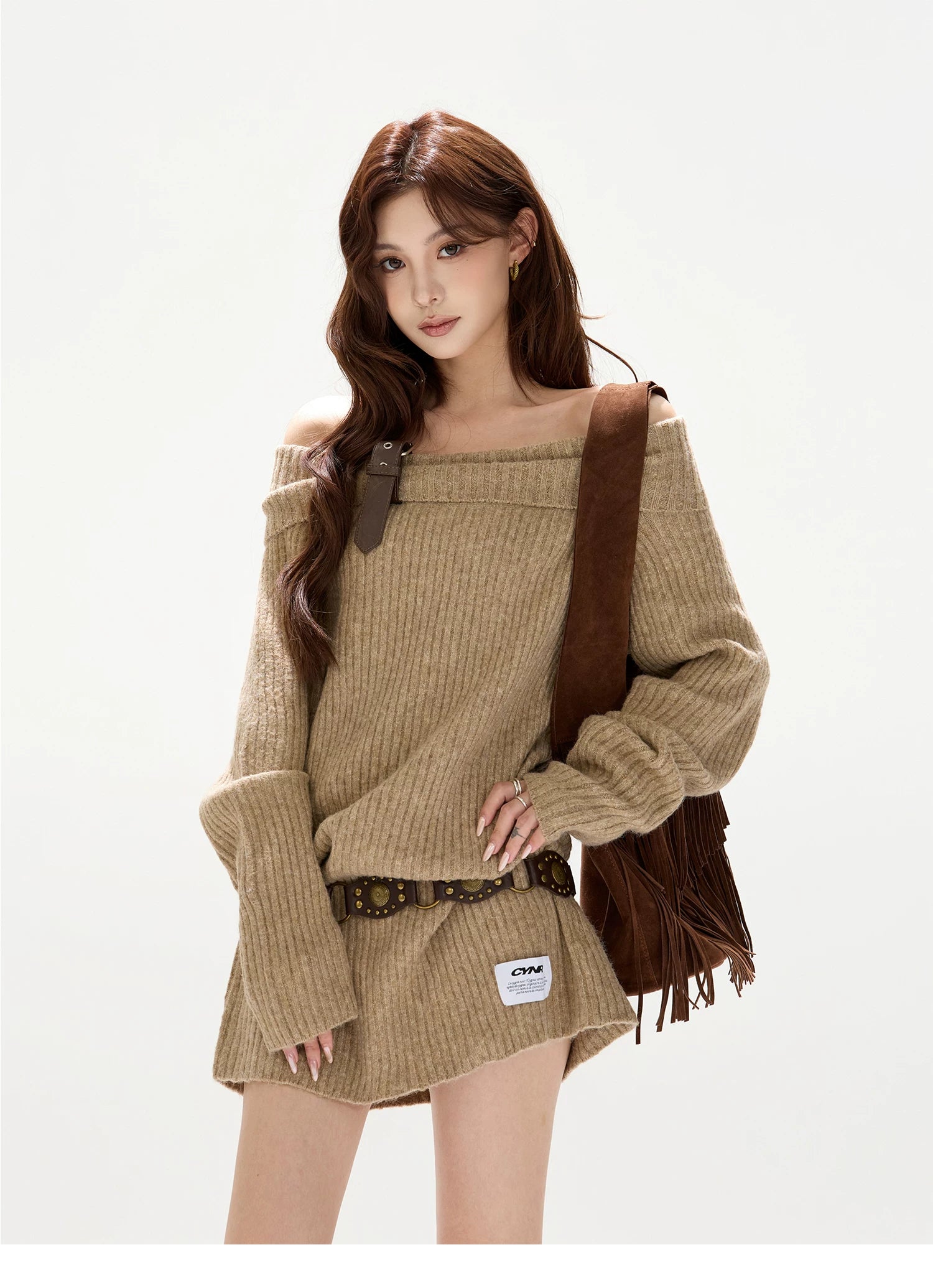 CYNR Bow wool thick sweater off shoulder dress