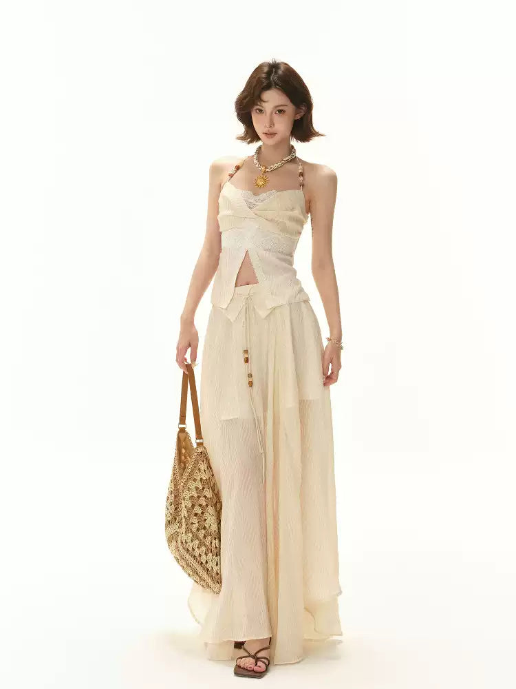 CYNR Beaded neck tie strapless top