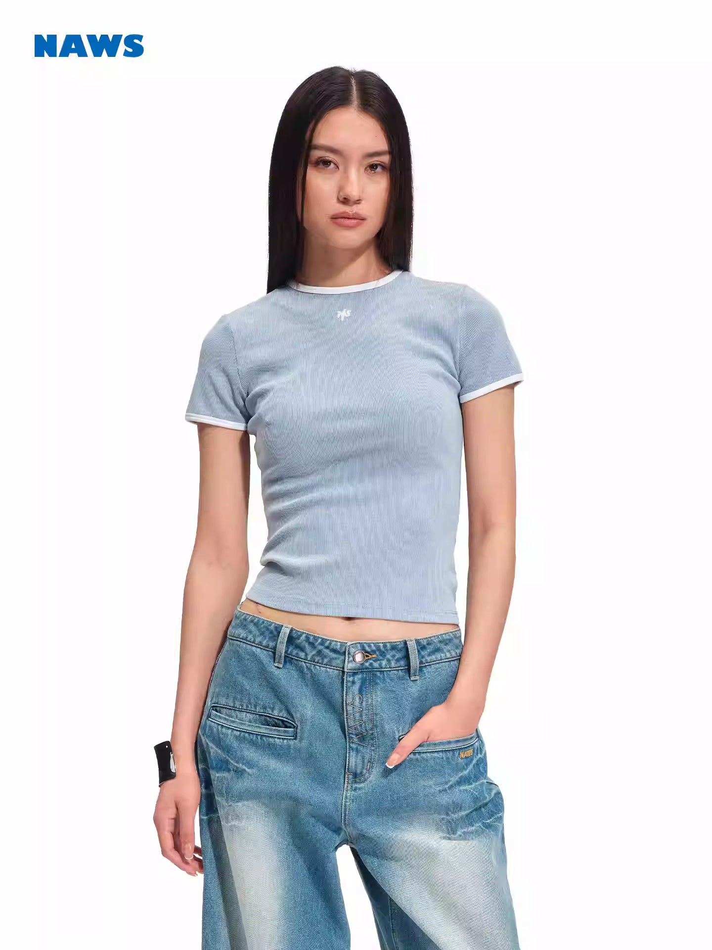 NAWS Color blocking slim fit shoulder short sleeved T-shirt