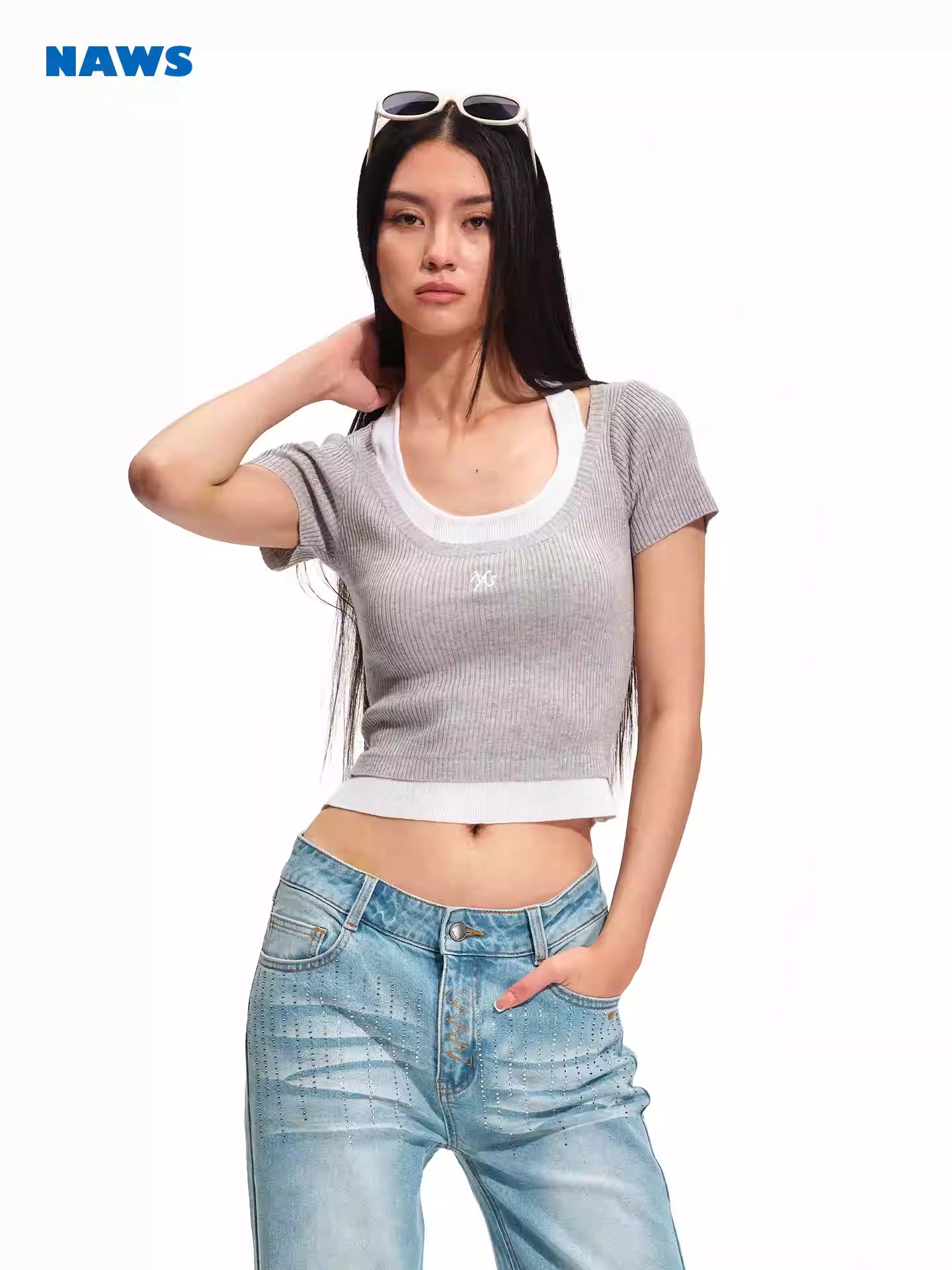 NAWS Fake two-piece spliced contrasting T-shirt