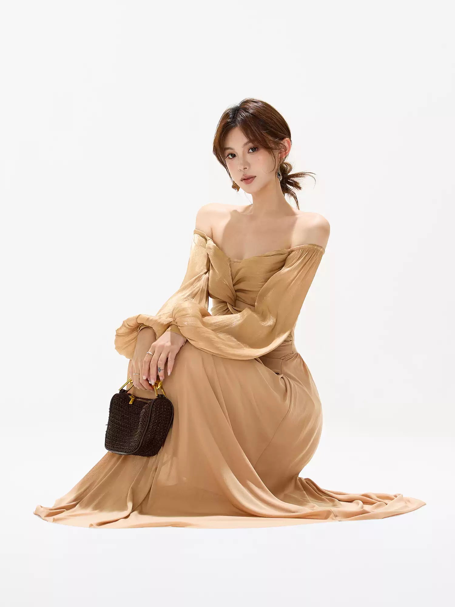 CYNR Lantern sleeve twisted butterfly off shoulder dress
