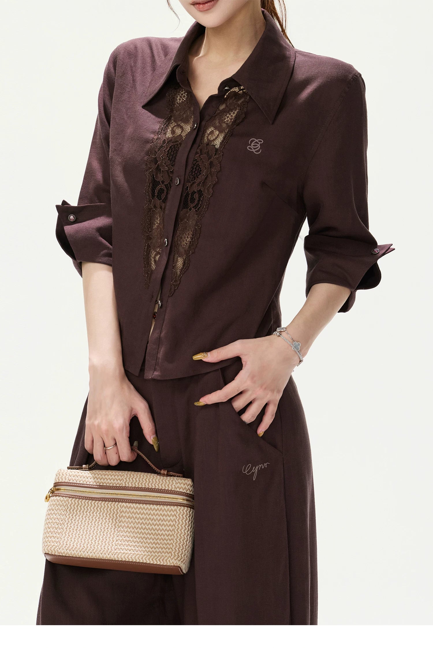 CYNR Lace Cut-Out Blouse and Wide-Leg Pants Set