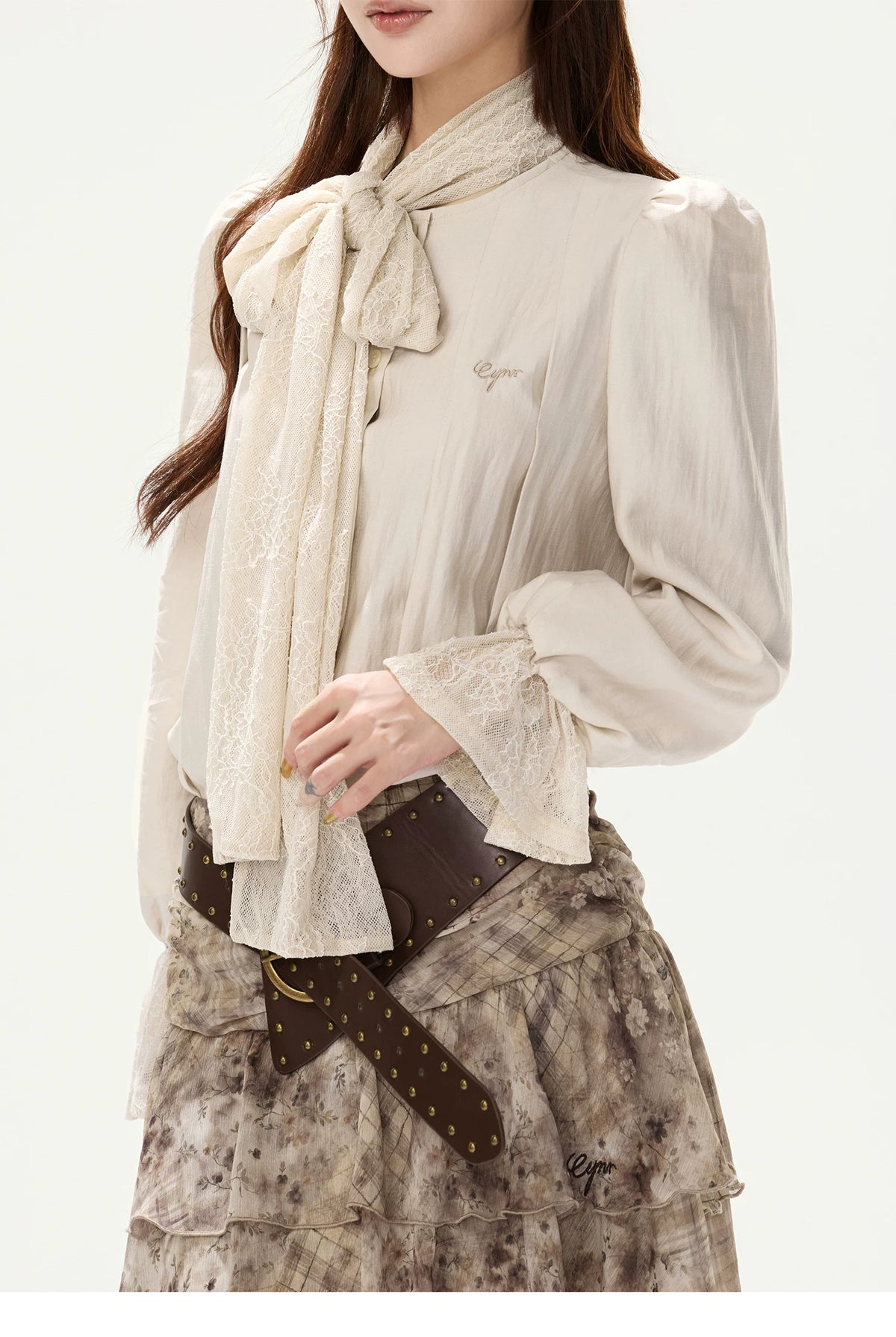 CYNR Lace Tie-Detail Blouse & Chiffon Midi Skirt