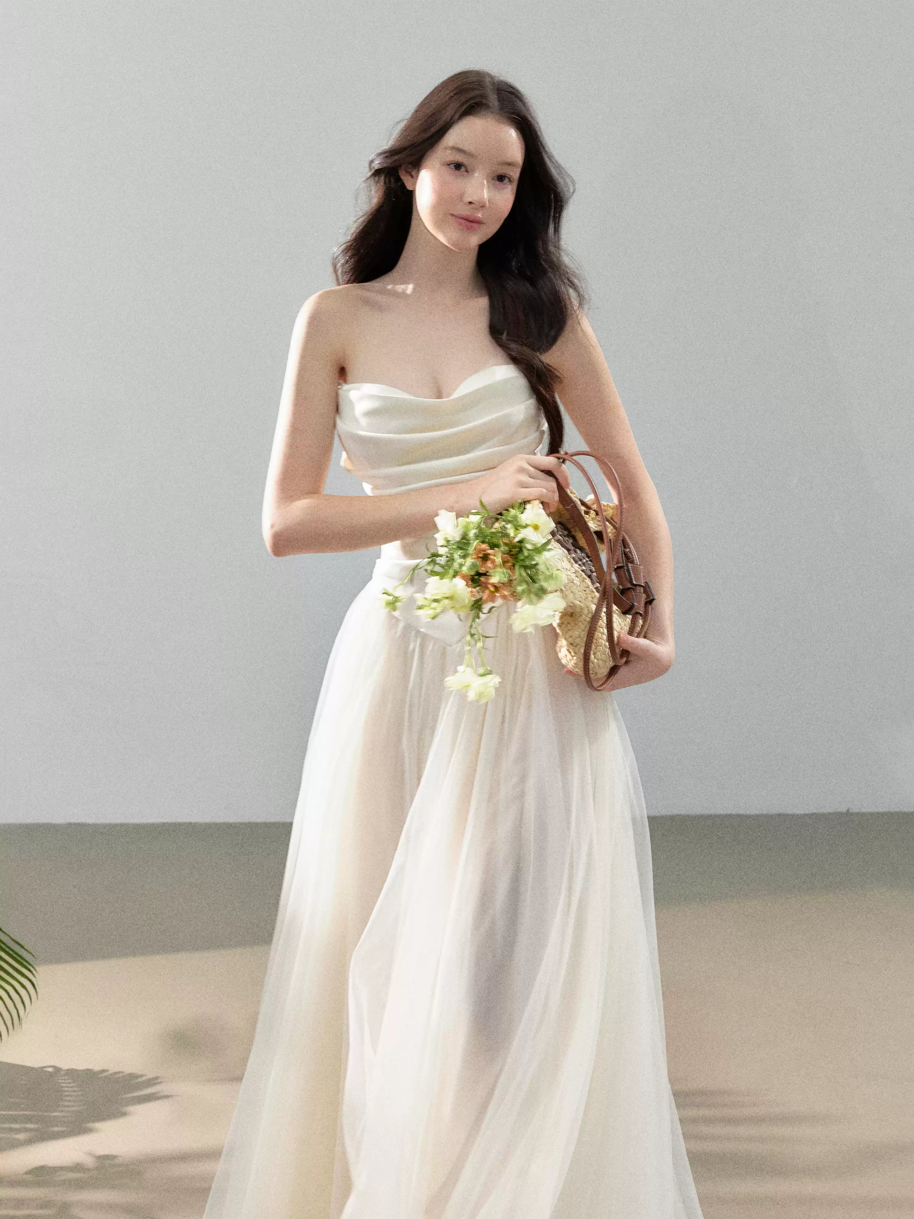 YZZI HE French satin strapless patchwork chiffon dress