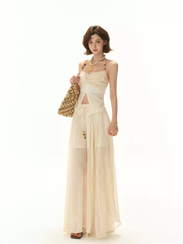 CYNR Beaded neck strapless top + irregular long skirt