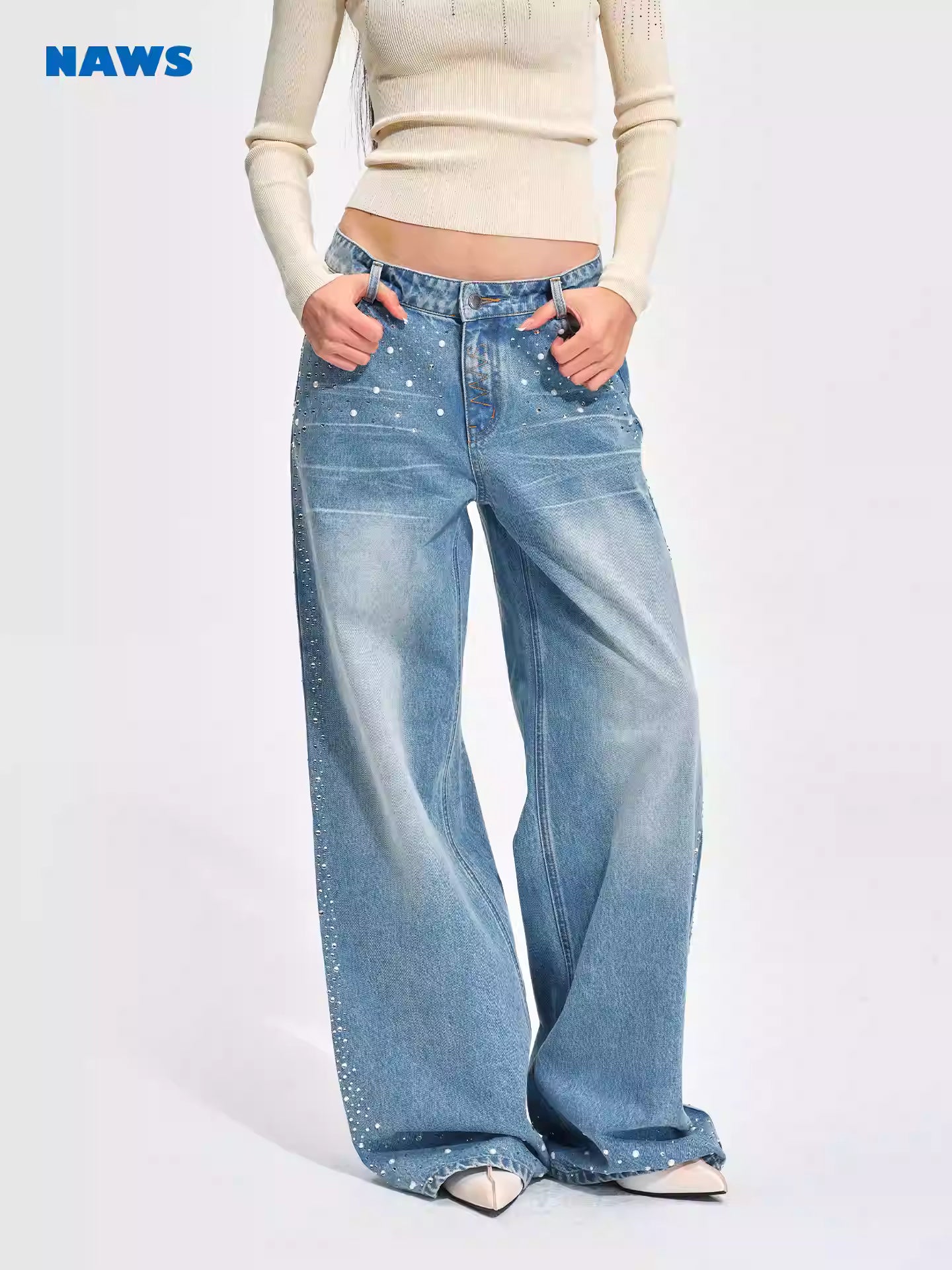 NAWS Pearl hot stamping low waist loose fit denim pants