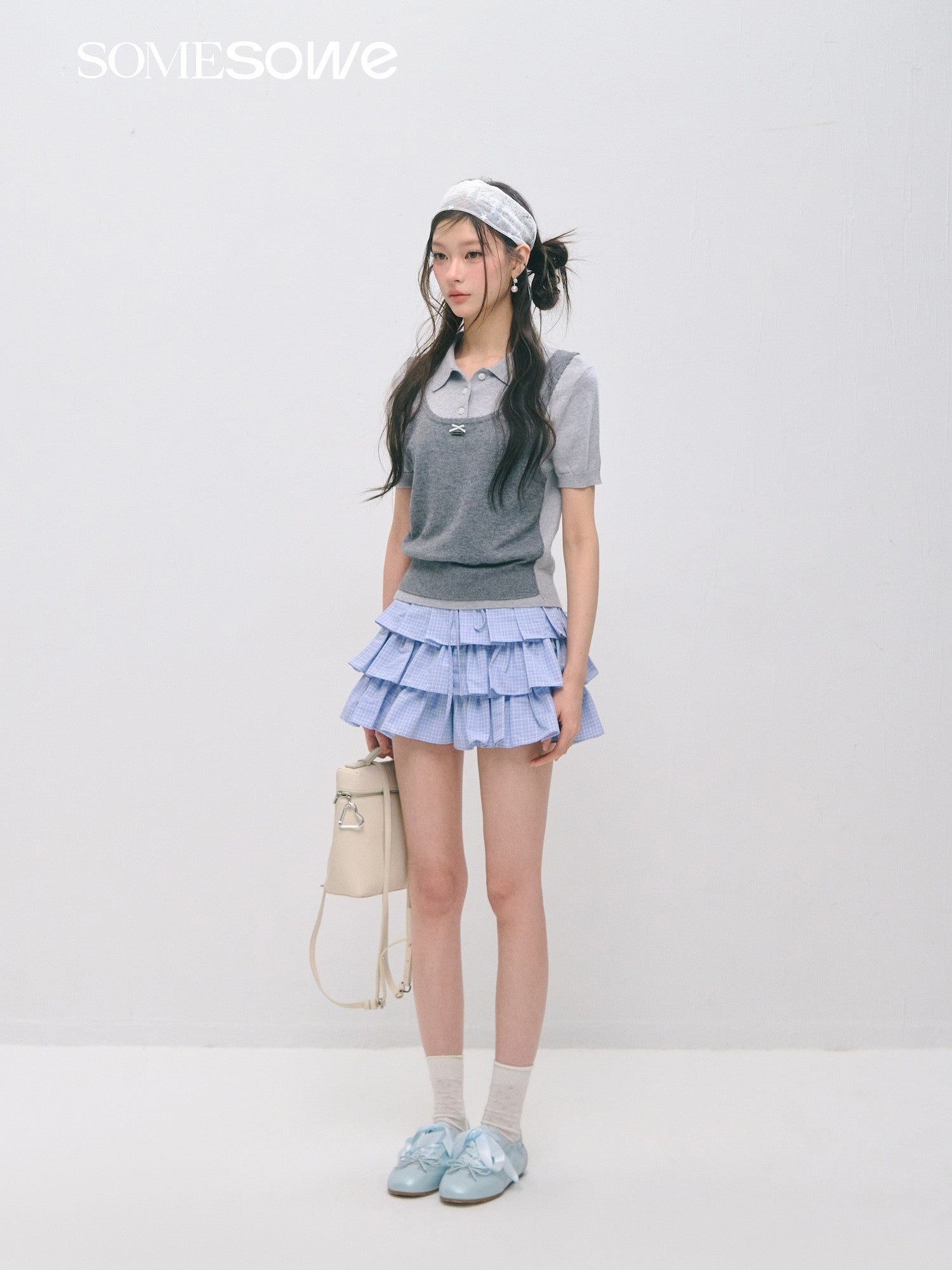 SOMESOWE S2609037/S2609030 Fake two polo collar top + mini cake skirt