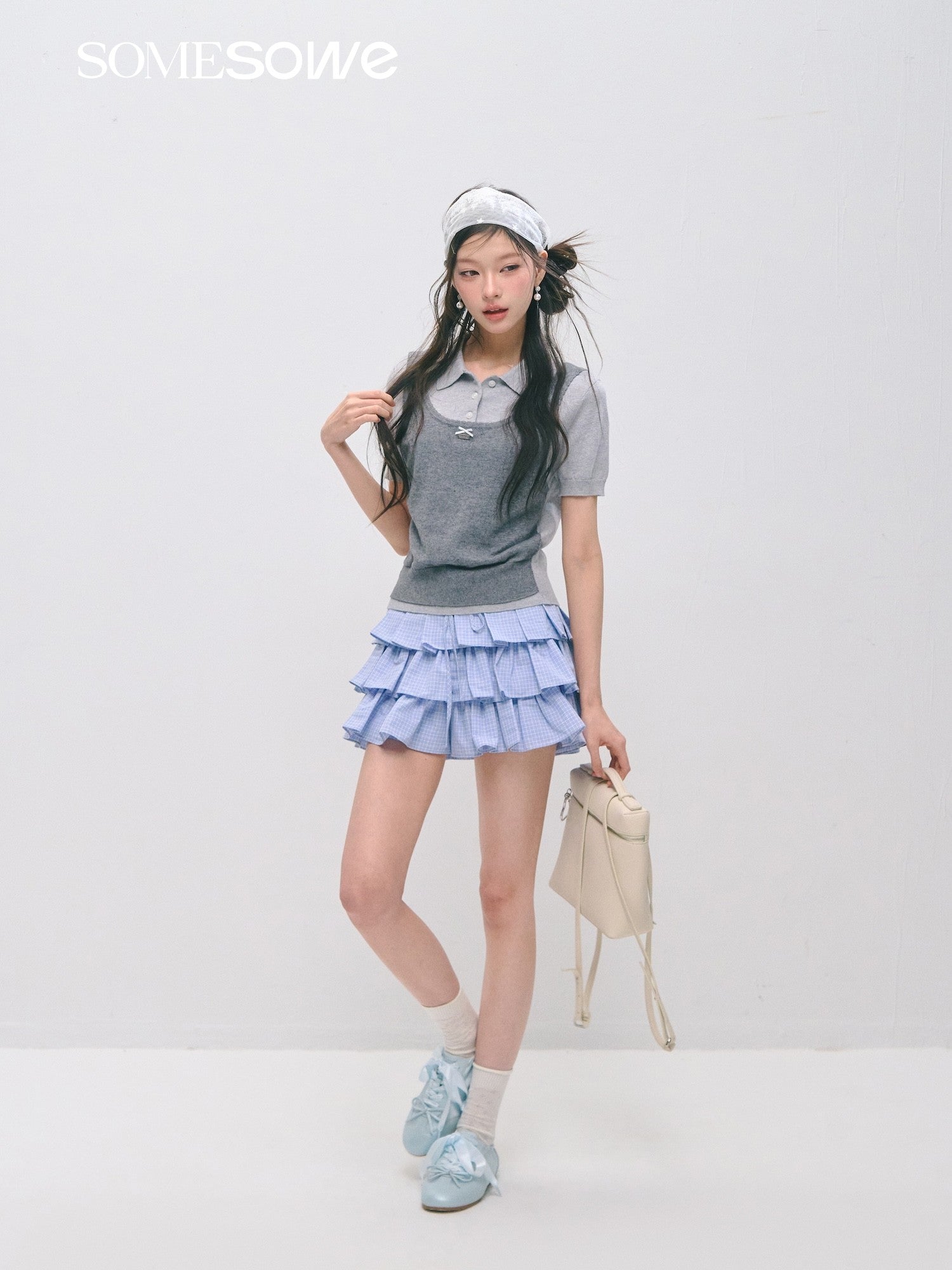 SOMESOWE S2609037/S2609030 Fake two polo collar top + mini cake skirt