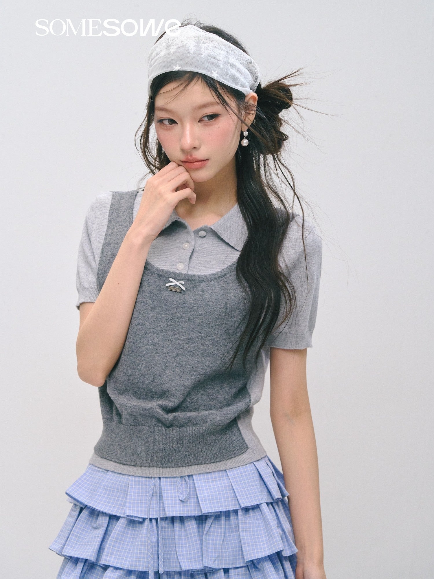 SOMESOWE S2609037/S2609030 Fake two polo collar top + mini cake skirt