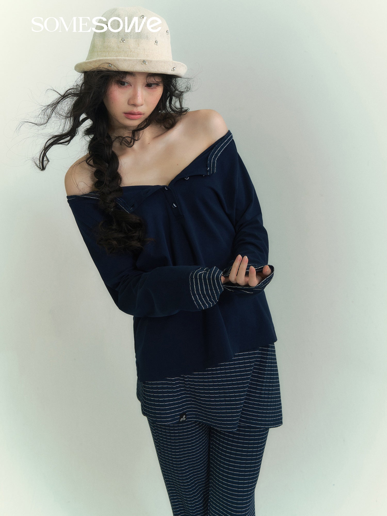 SOMESOWE S2609043&S2609044 Splicing striped long sleeved T-shirt + pants