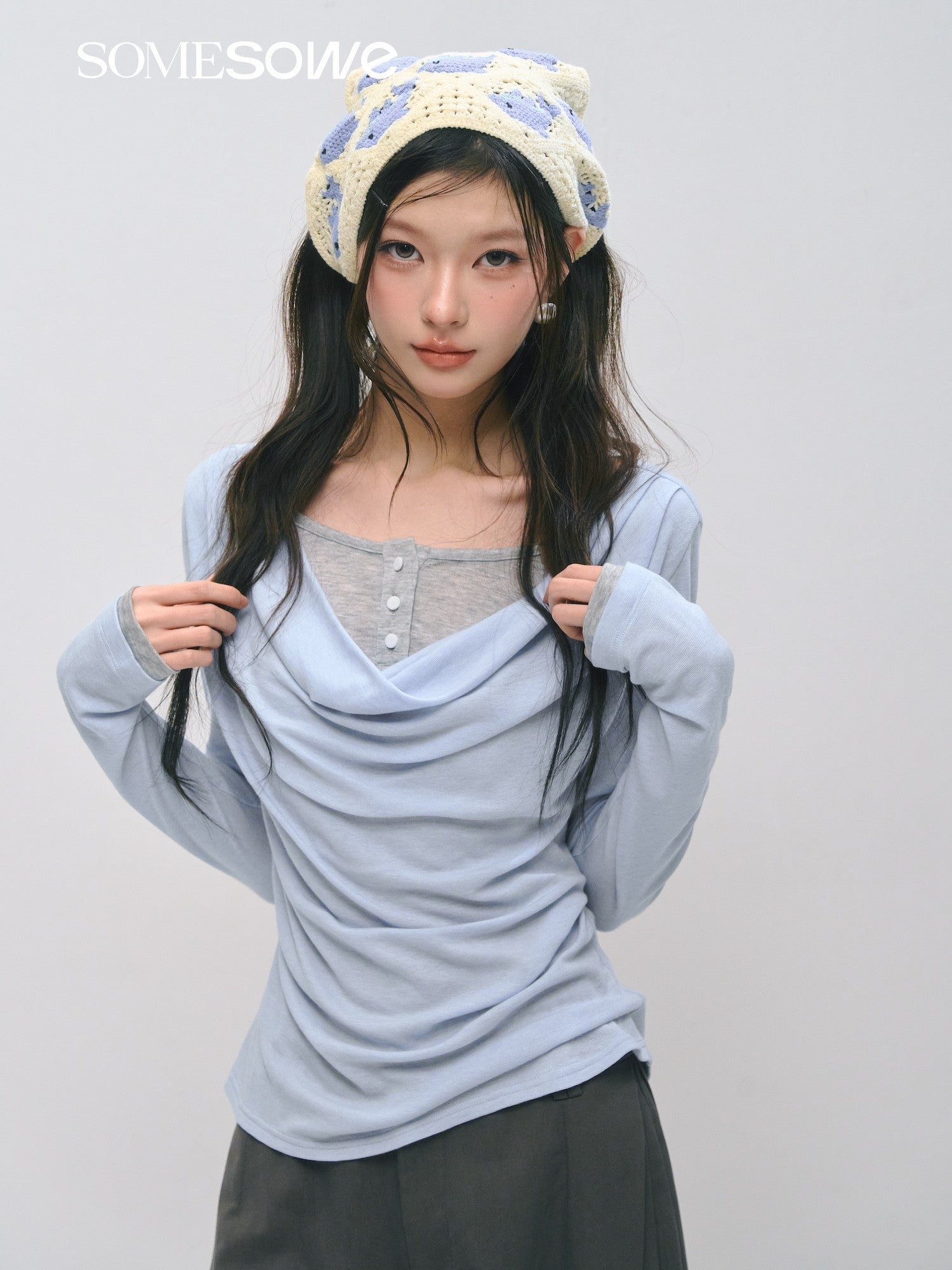 SOMESOWE S2509021 Fake Two Swinging Collar Waist Long Sleeve T-shirts