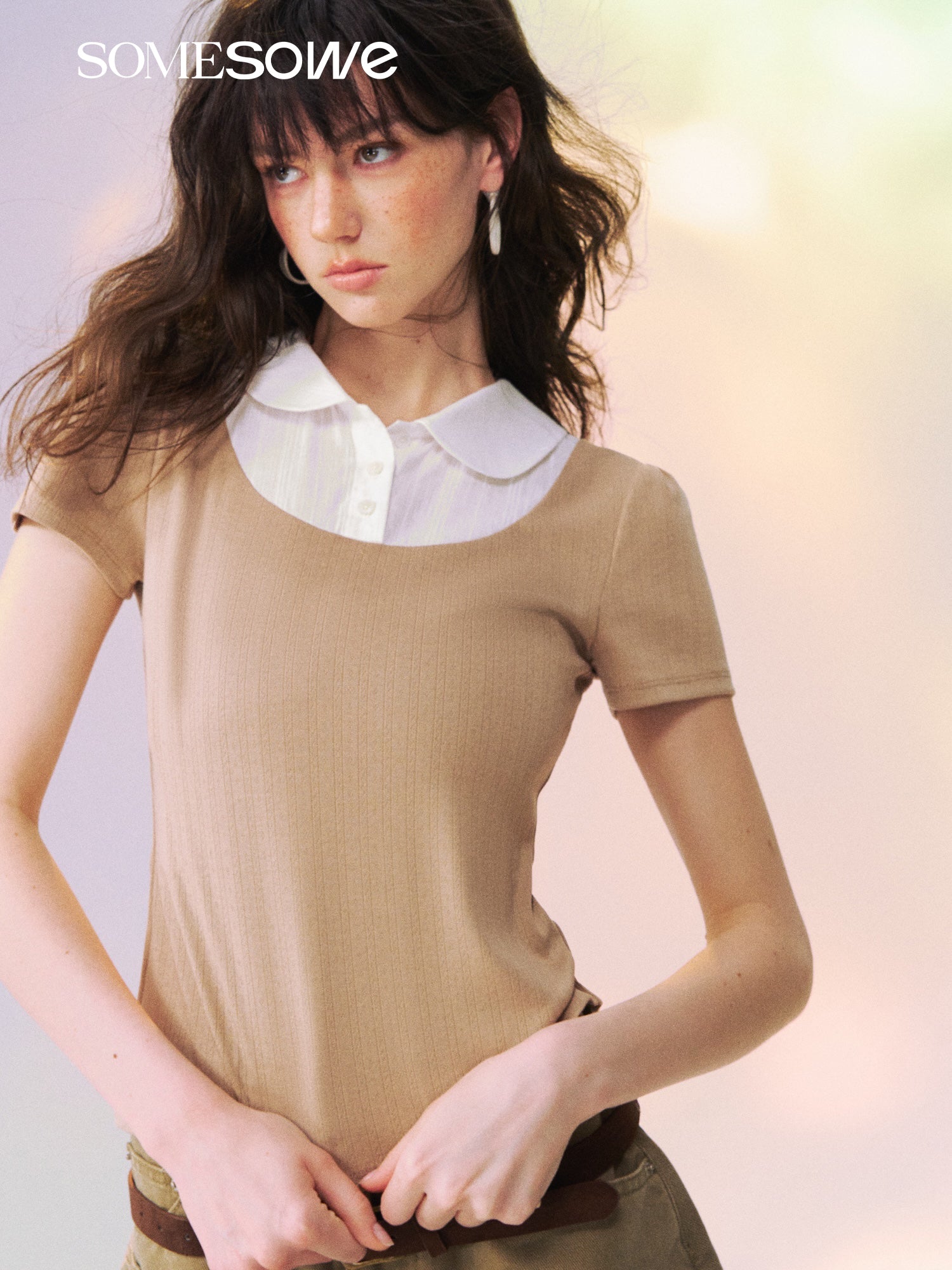 SOMESOWE S2609136 Fake Two-Piece Peter Pan Collar Short Sleeve T-Shirt