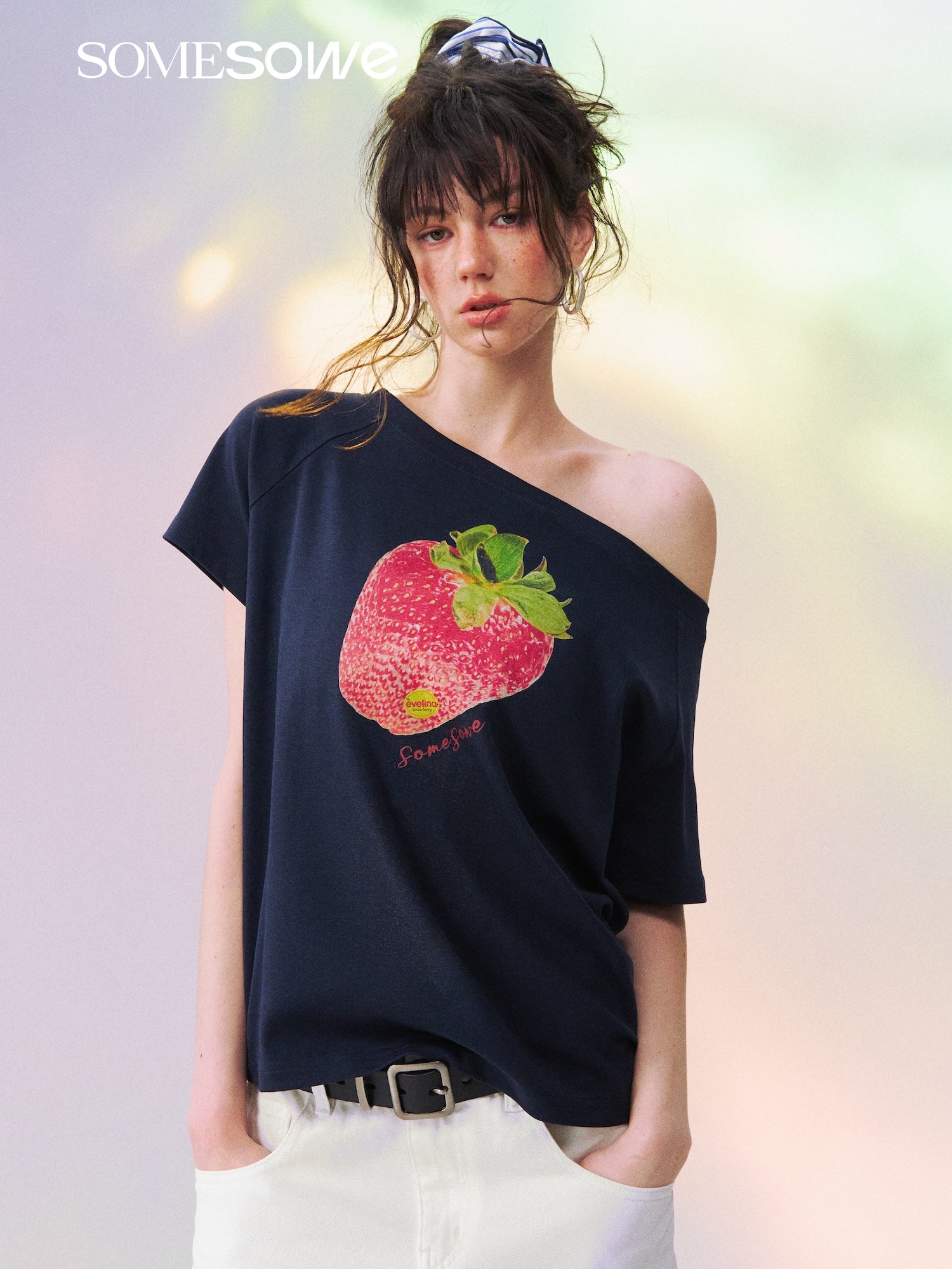 SOMESOWE S2609129 Dopamine Color Strawberry Print Off-the-Shoulder T-shirt
